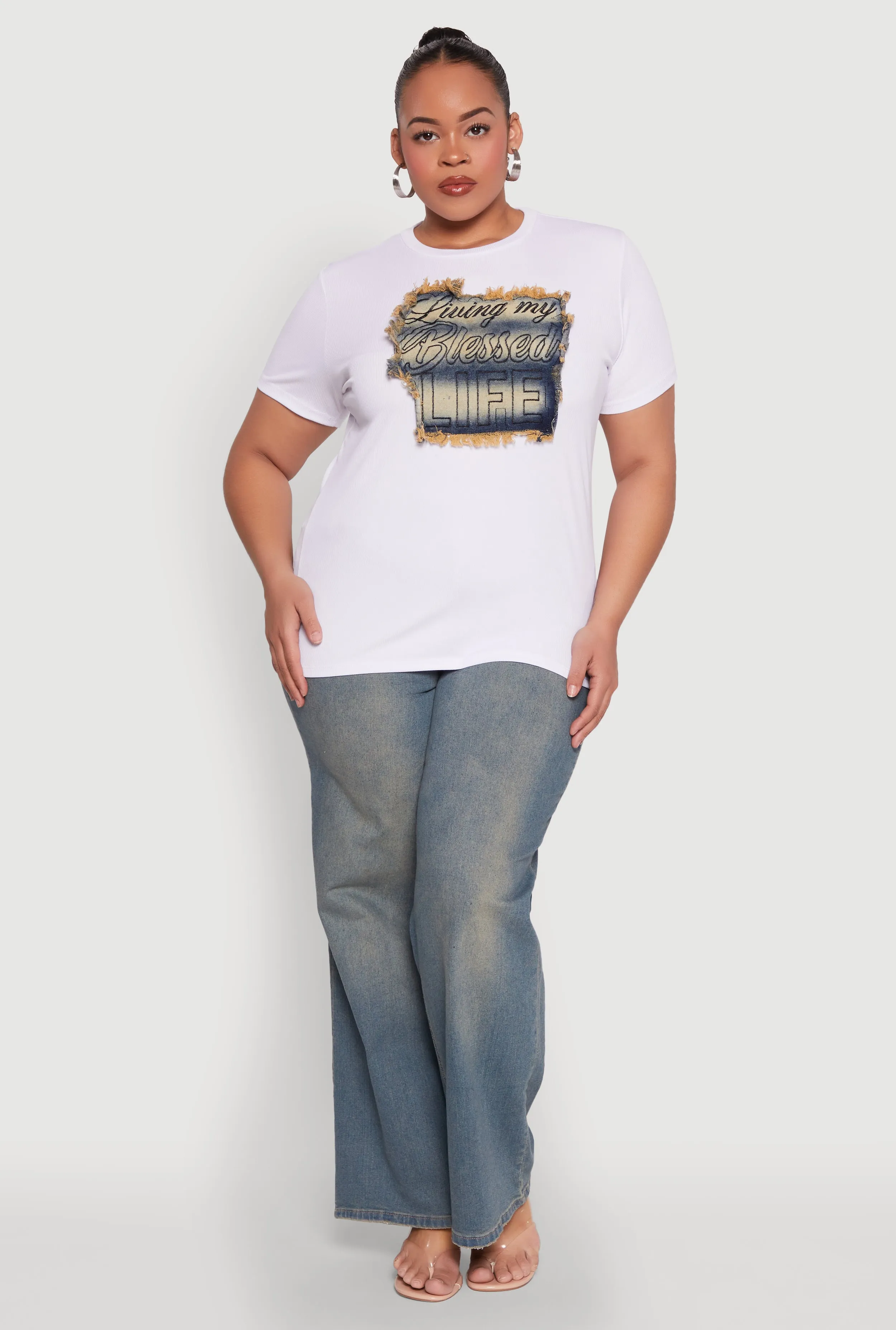 Plus Size Living My Blessed Life Denim Patch Tee sold by Rainbow