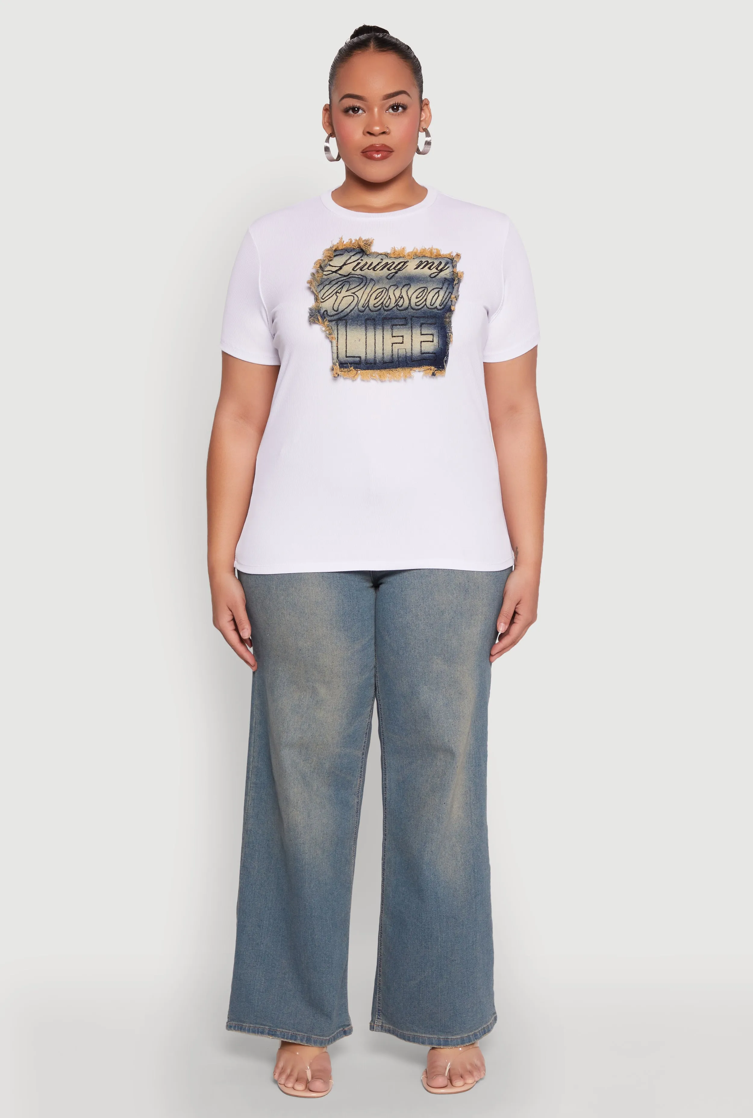 Plus Size Living My Blessed Life Denim Patch Tee sold by Rainbow product image thumbnail 3