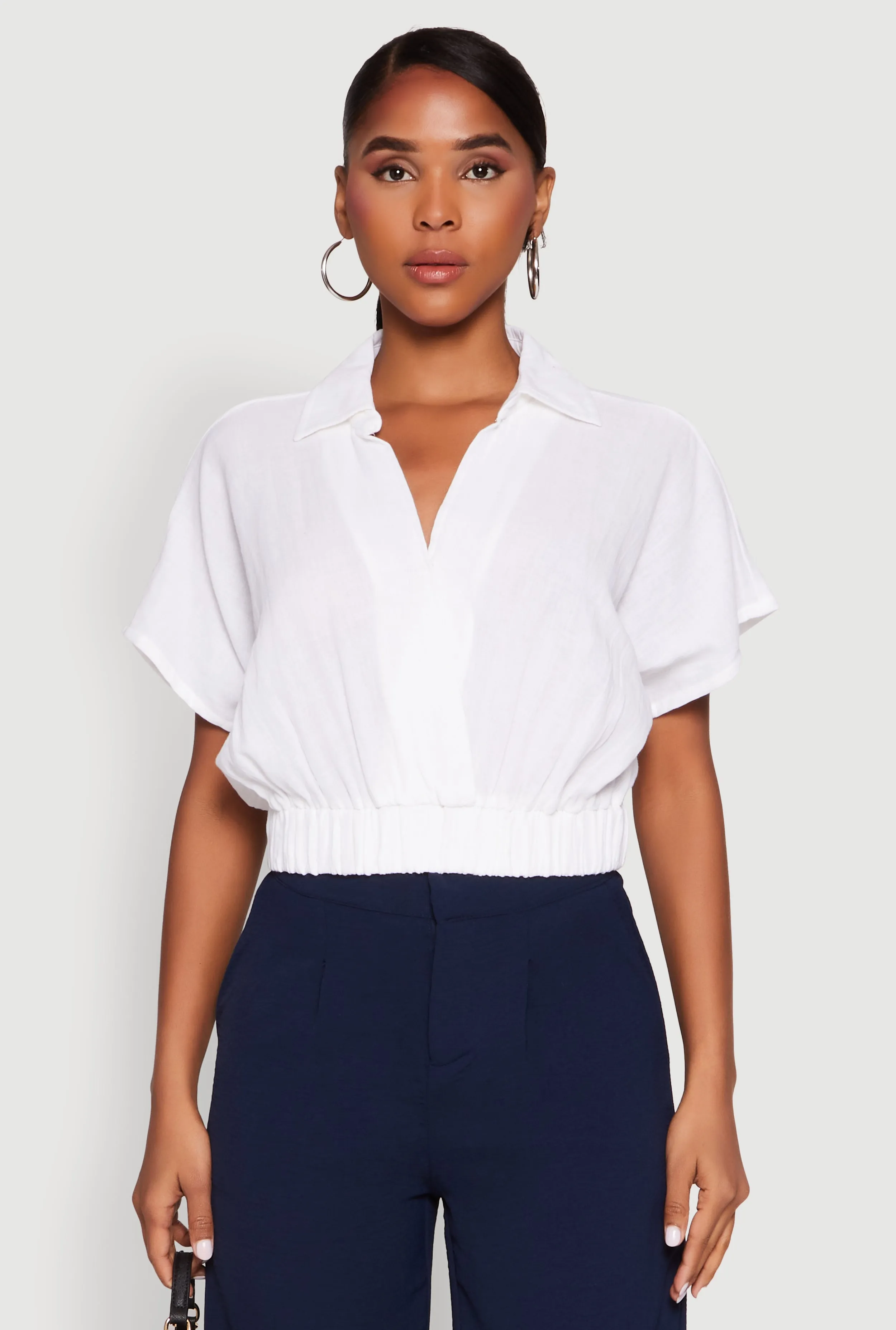 Faux Wrap Cropped Elastic Hem Blouse sold by Rainbow product image thumbnail 2