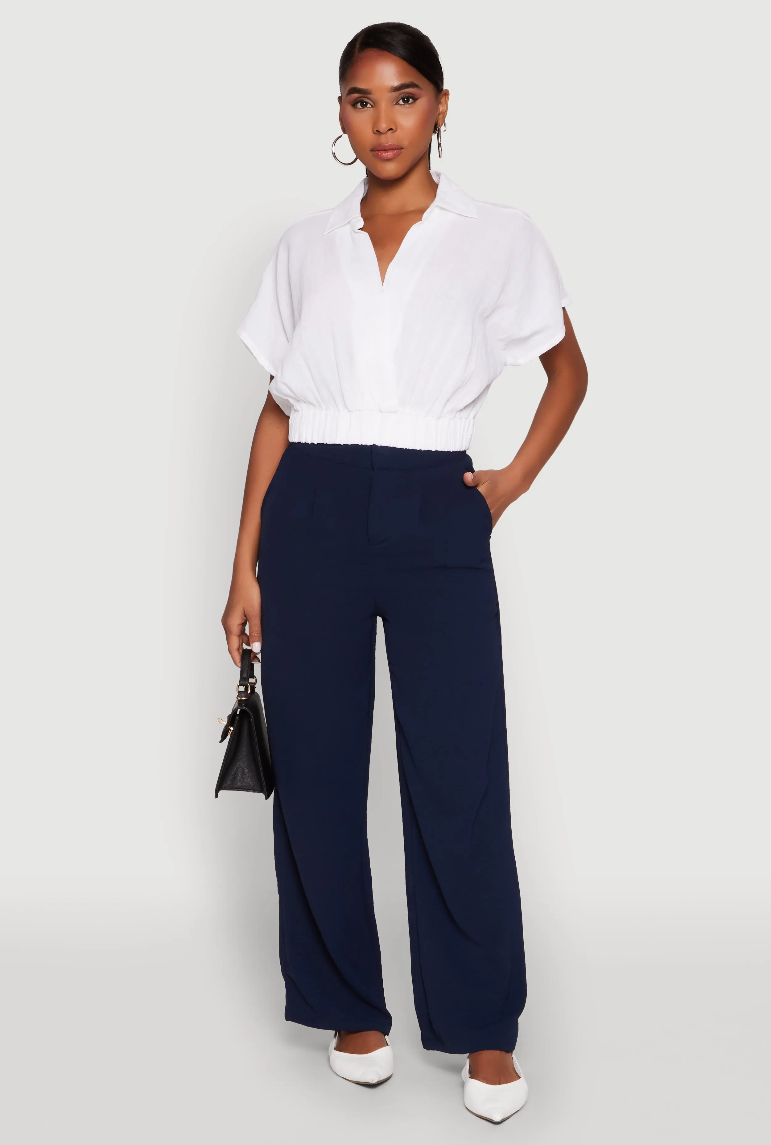 Faux Wrap Cropped Elastic Hem Blouse sold by Rainbow