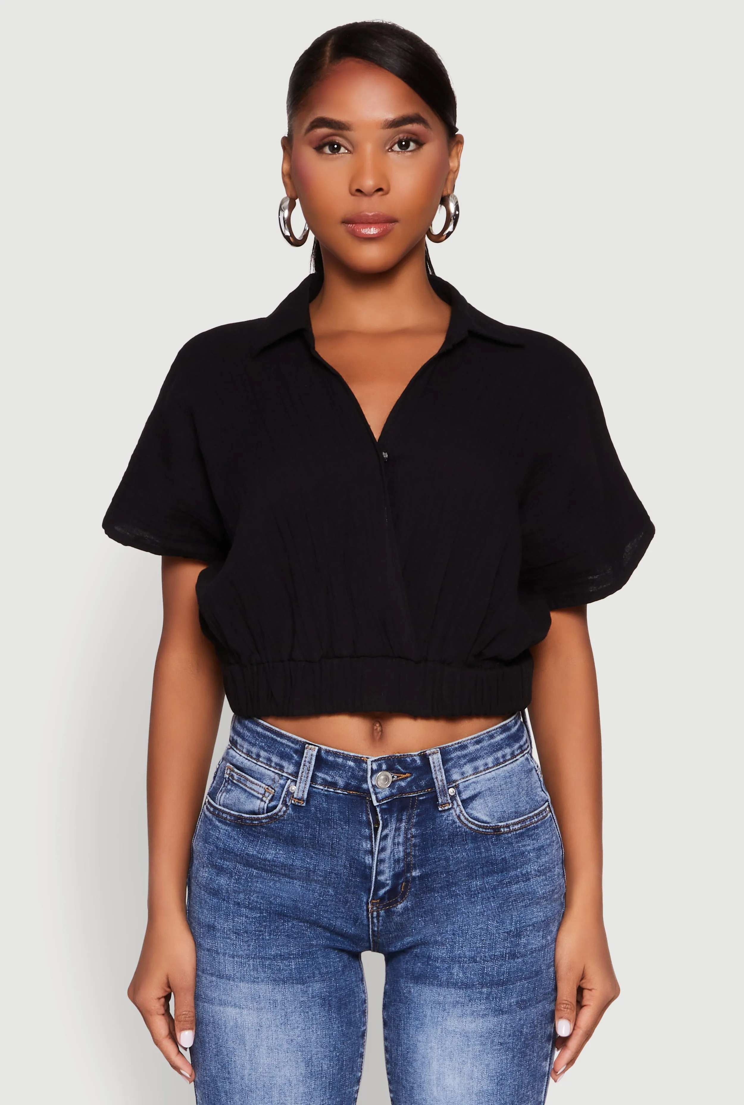 Faux Wrap Cropped Elastic Hem Blouse sold by Rainbow product image thumbnail 2