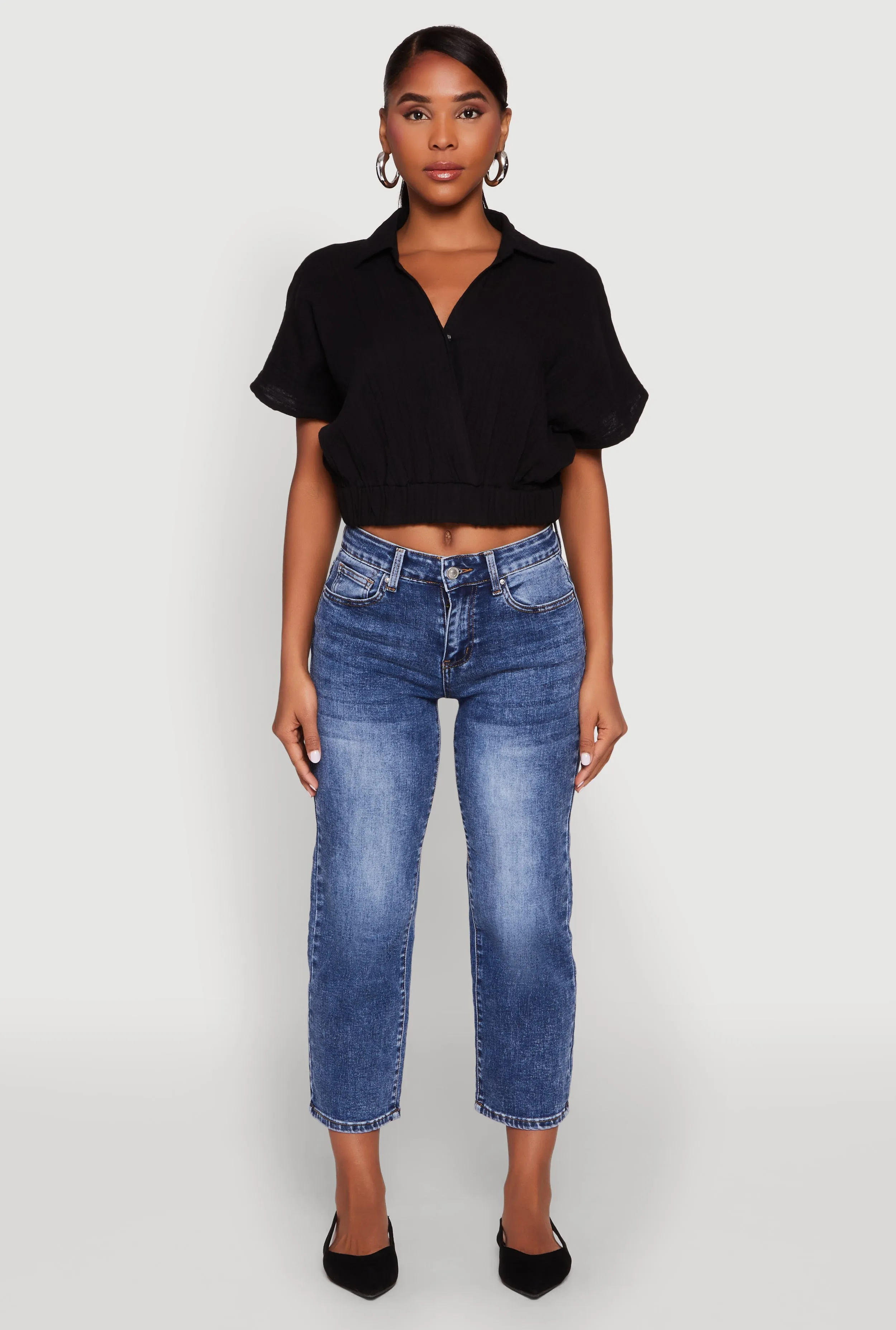 Faux Wrap Cropped Elastic Hem Blouse sold by Rainbow product image thumbnail 3