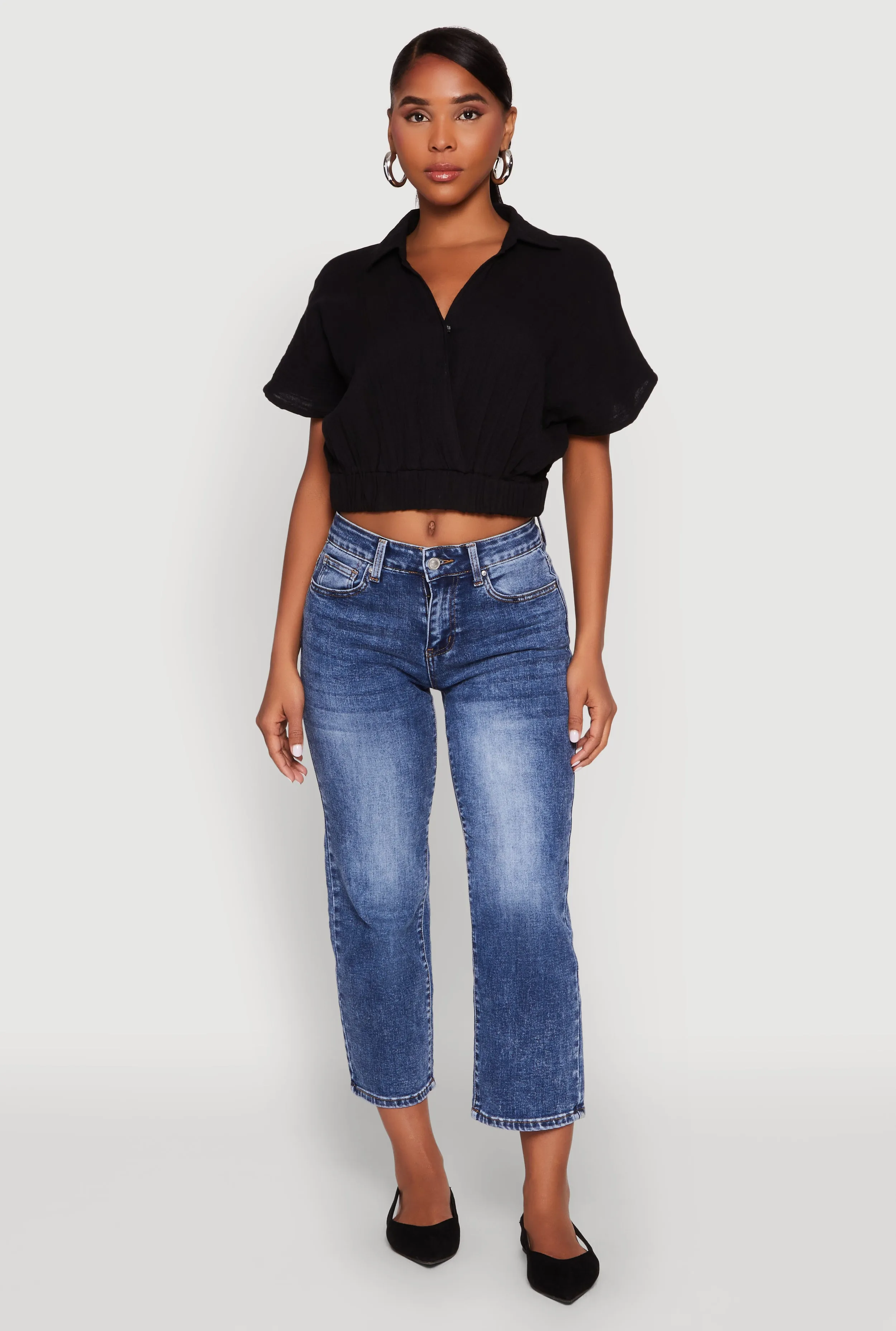 Faux Wrap Cropped Elastic Hem Blouse sold by Rainbow