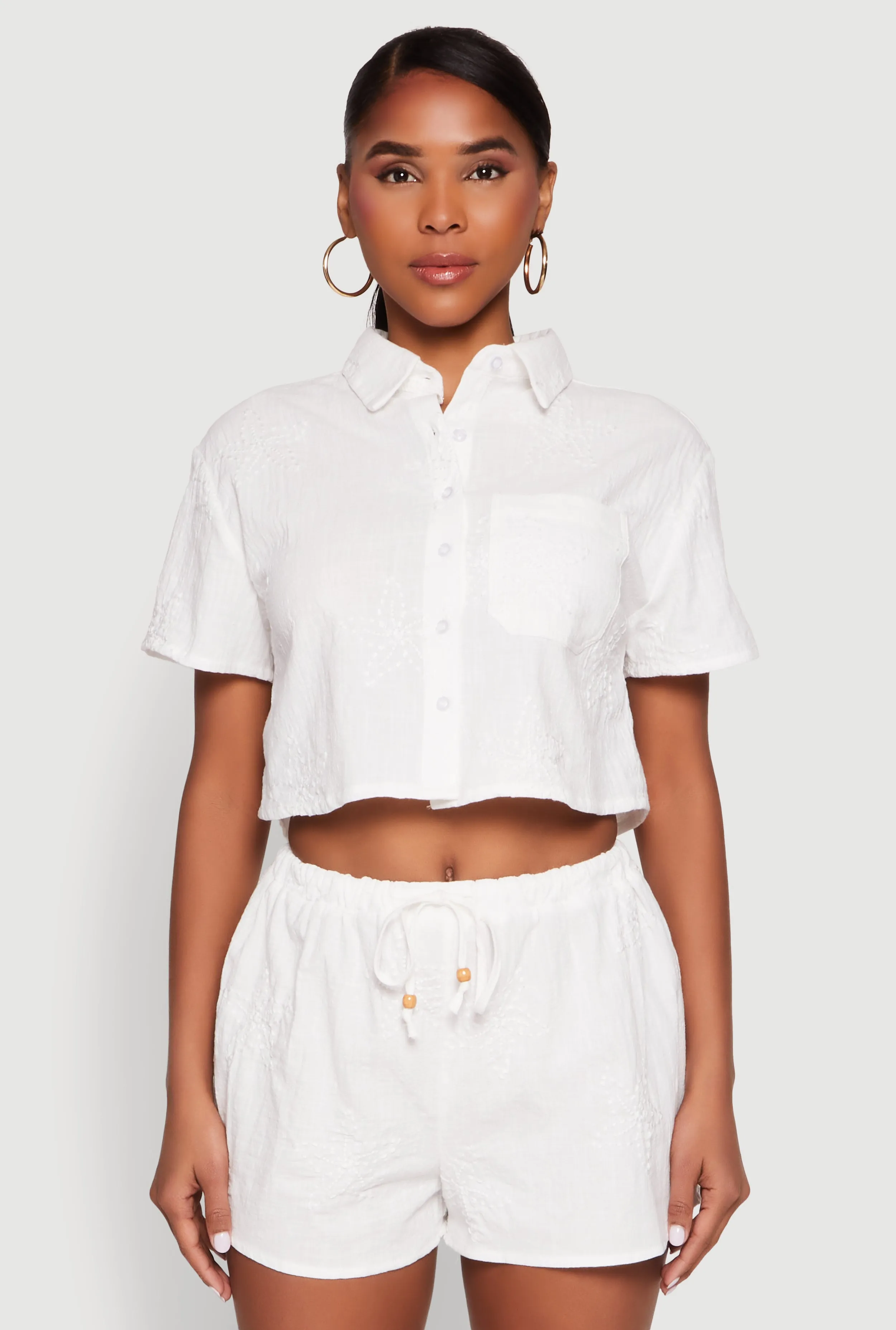 Haute Monde Decorative Stitch Cropped Shirt sold by Rainbow