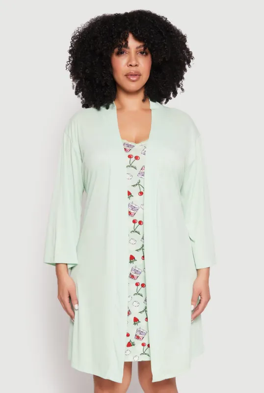 Plus Size Graphic Print Lace Trim Nightgown and Robe sold by Rainbow