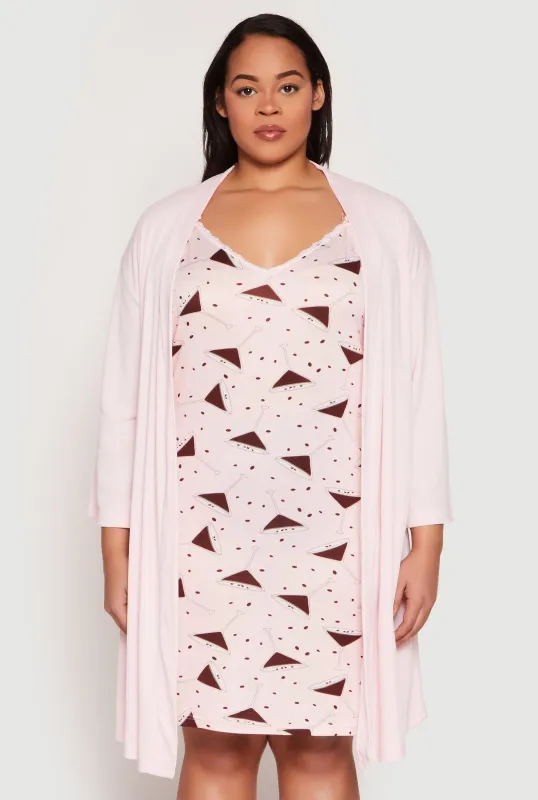 Plus Size Graphic Print Lace Trim Nightgown and Robe sold by Rainbow