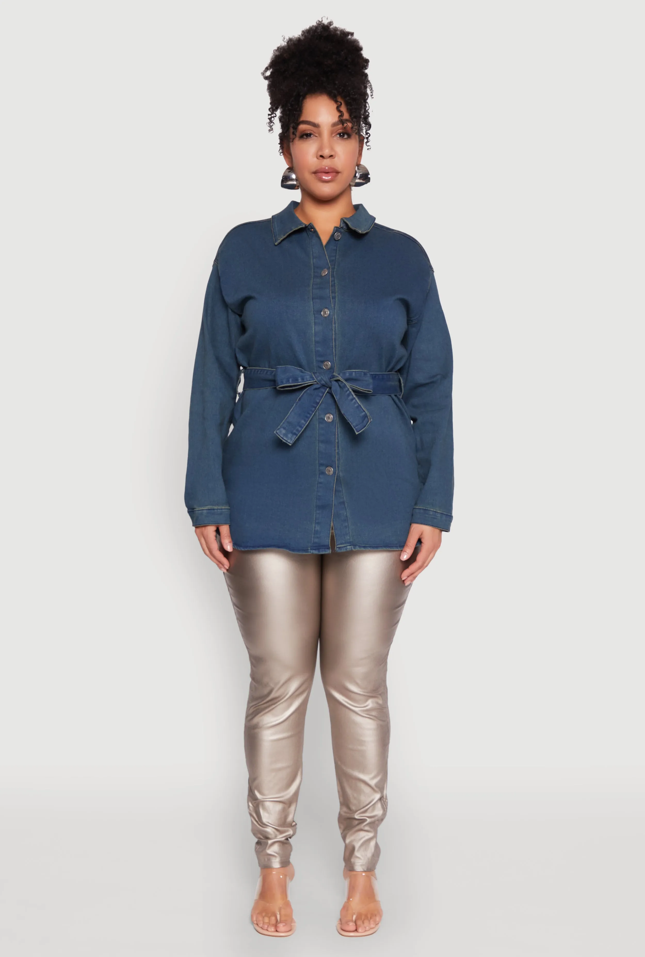 Plus Size Tie Waist Belted Denim Shirt sold by Rainbow product image thumbnail 3