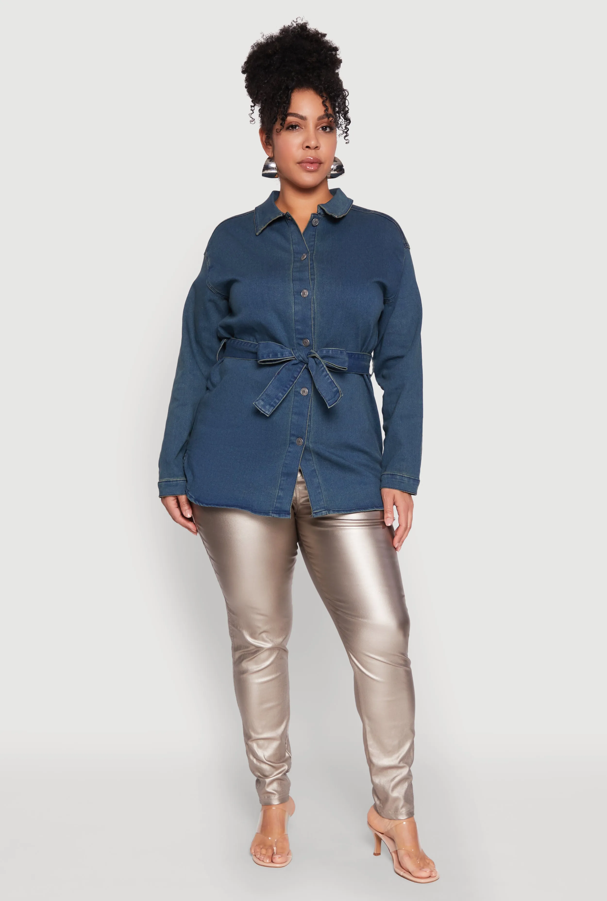 Plus Size Tie Waist Belted Denim Shirt sold by Rainbow