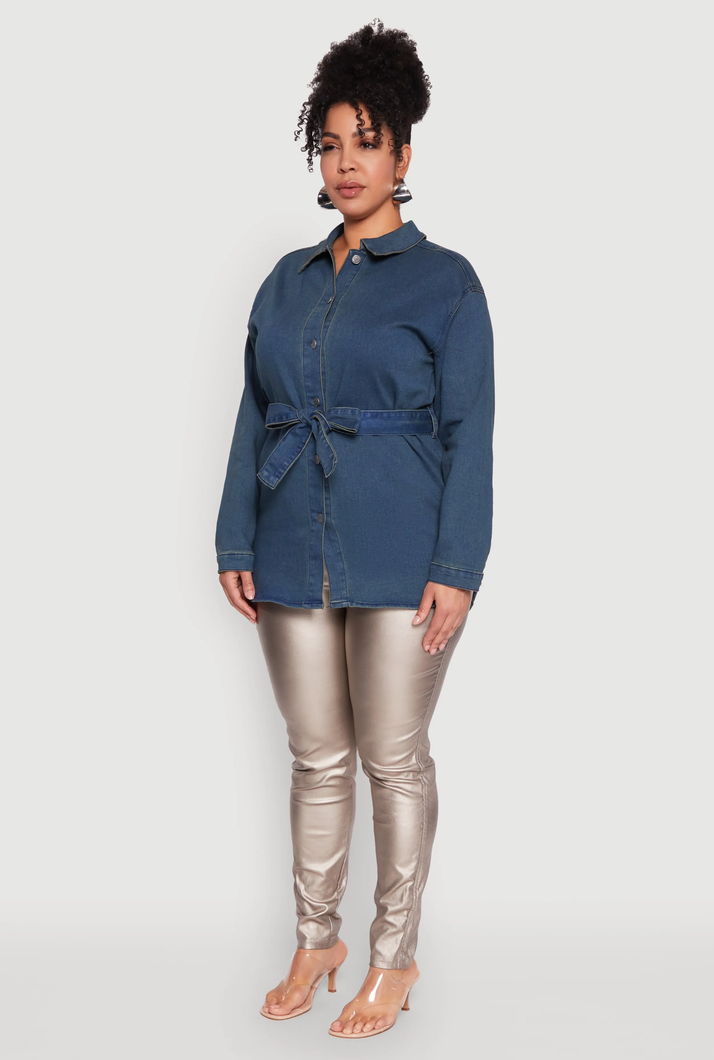 Plus Size Tie Waist Belted Denim Shirt sold by Rainbow product image thumbnail 5