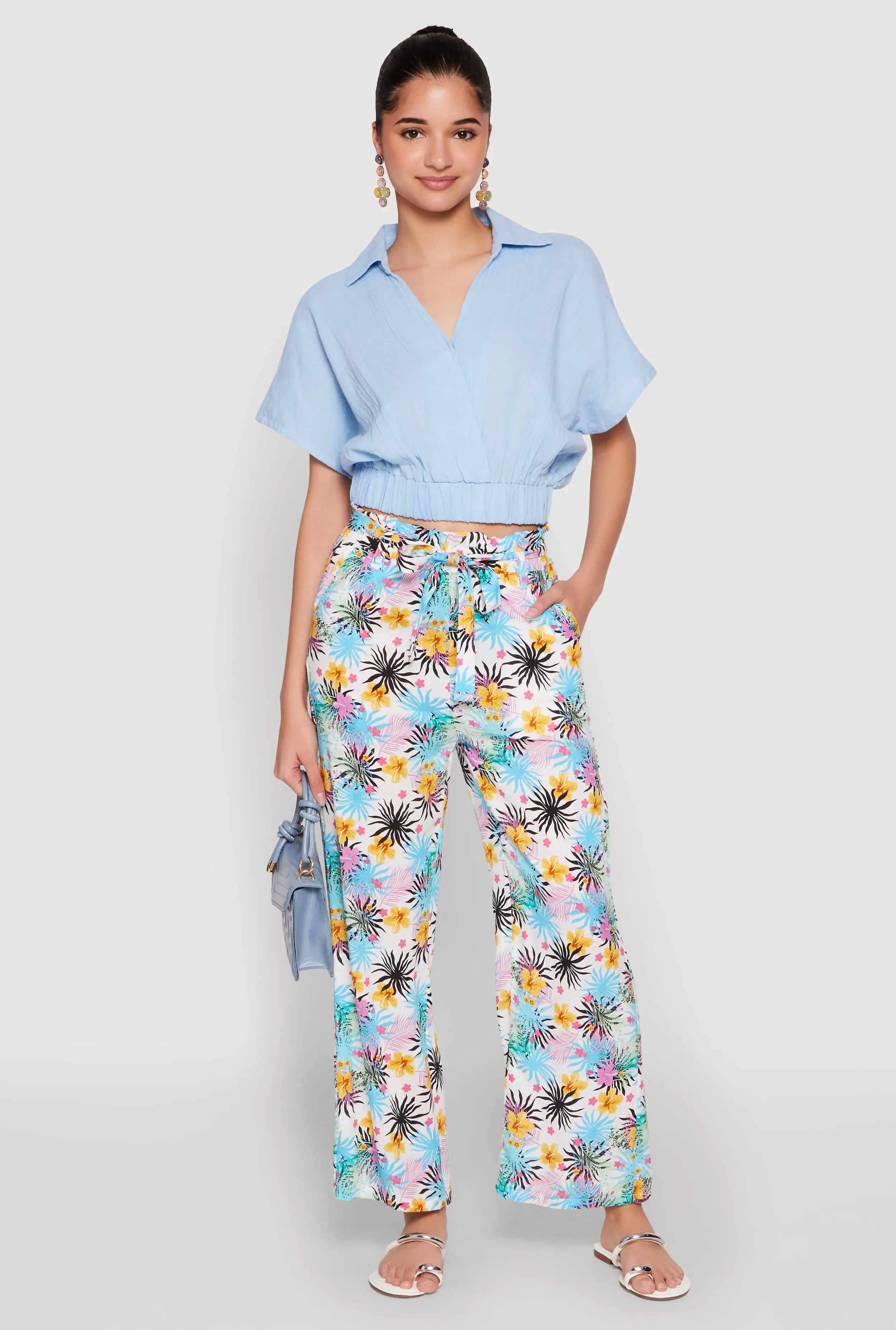 Faux Wrap Cropped Elastic Hem Blouse sold by Rainbow