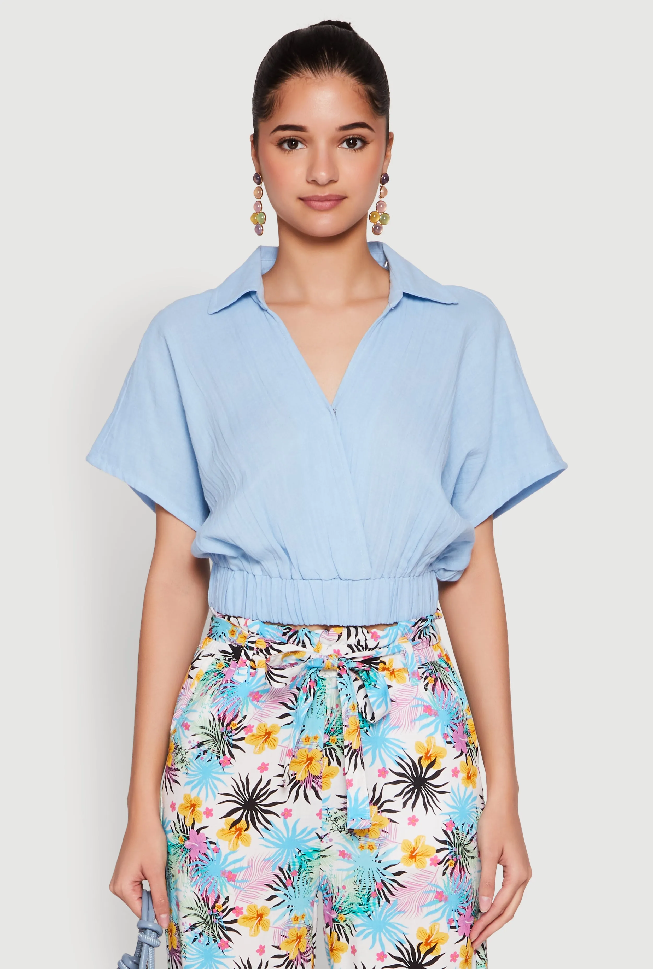 Faux Wrap Cropped Elastic Hem Blouse sold by Rainbow product image thumbnail 2