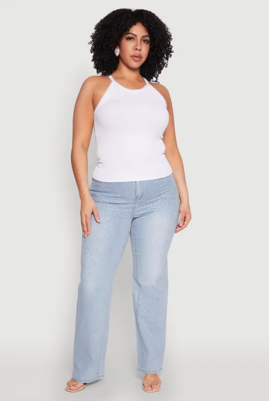 Plus Size Seamless Ribbed Rhinestone Trim Cami sold by Rainbow