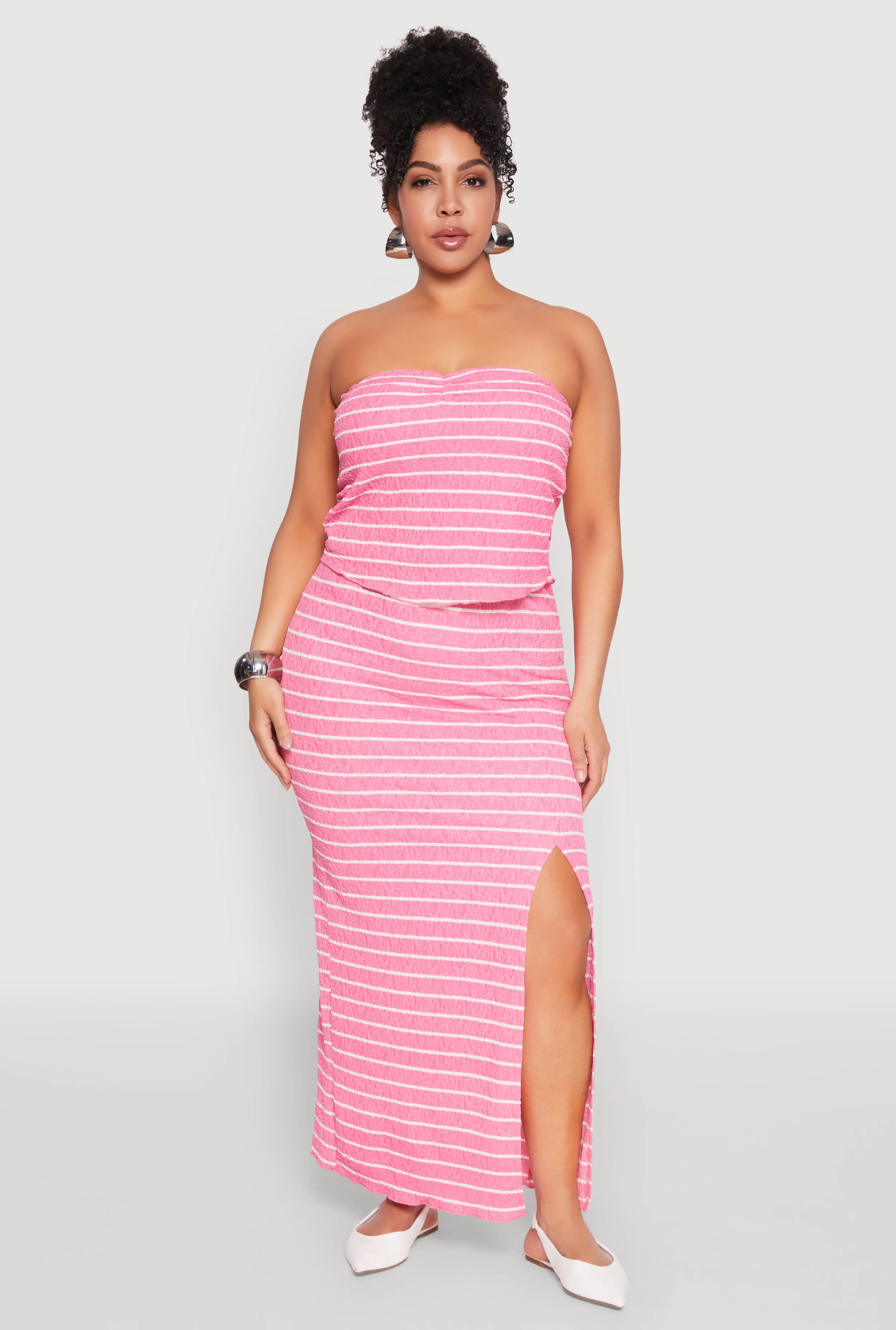 Plus Size Almost Famous Striped Textured Side Slit Maxi Skirt sold by Rainbow