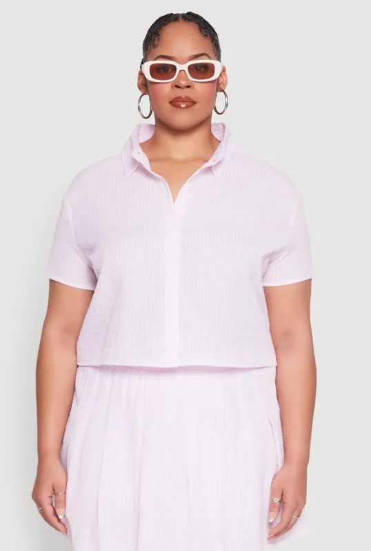 Plus Size Striped Seersucker Cropped Shirt sold by Rainbow