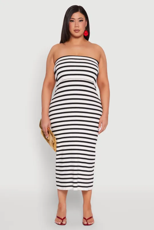 Plus Size Striped Rib Knit Overlay Sweater Dress sold by Rainbow