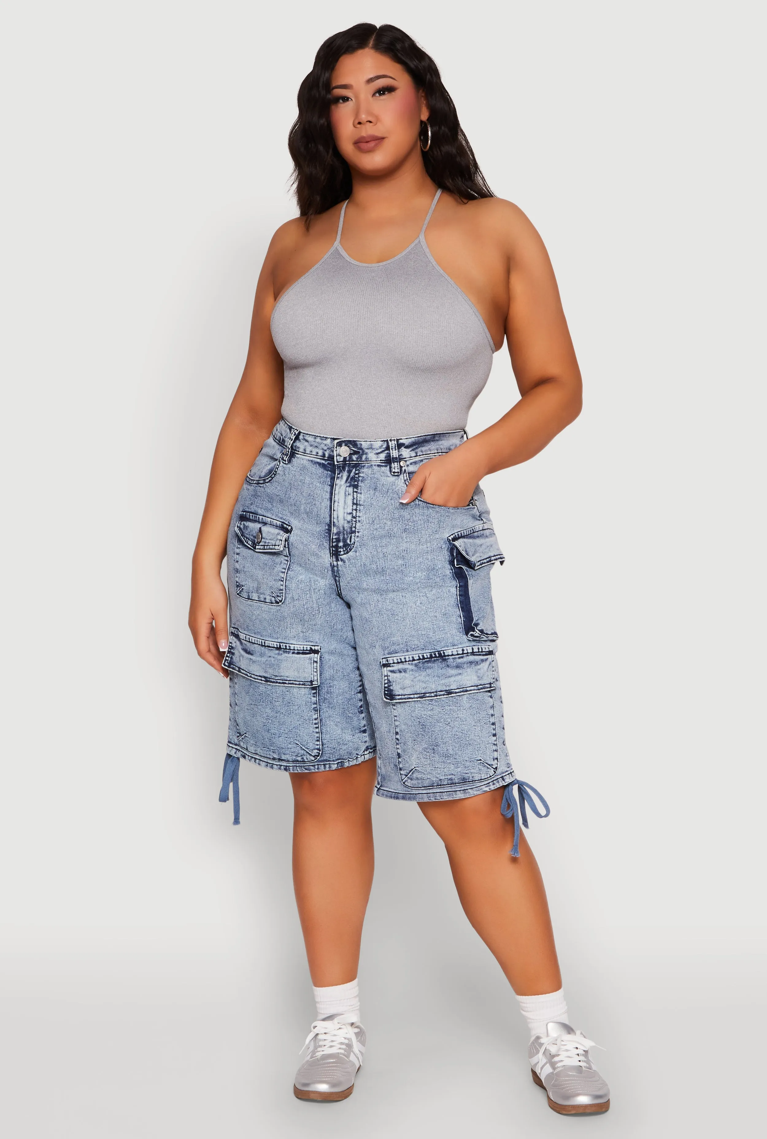 Plus Size Almost Famous Acid Wash Cargo Bermuda Shorts sold by Rainbow