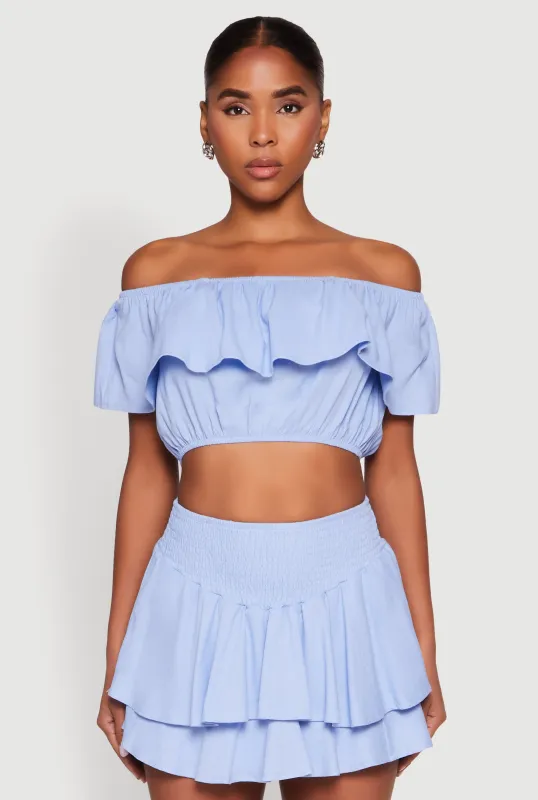 Ruffle Overlay Off the Shoulder Crop Top sold by Rainbow