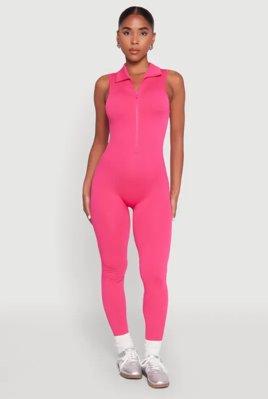 Ribbed Knit Collared Zip Front Jumpsuit sold by Rainbow