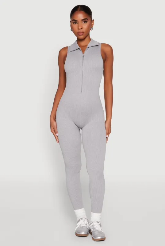 Ribbed Knit Collared Zip Front Jumpsuit sold by Rainbow