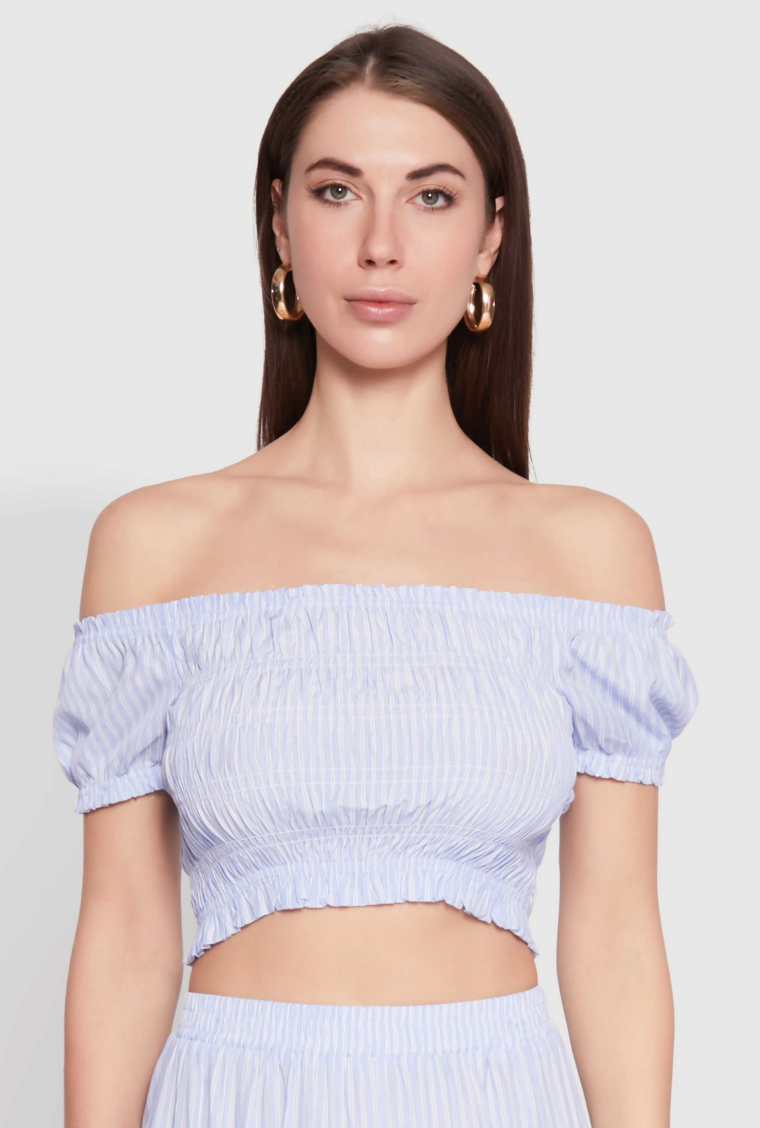 Almost Famous Pinstripe Smocked Crop Top sold by Rainbow