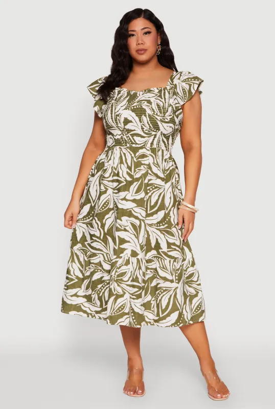 Plus Size Smocked Floral Print Midi Dress sold by Rainbow