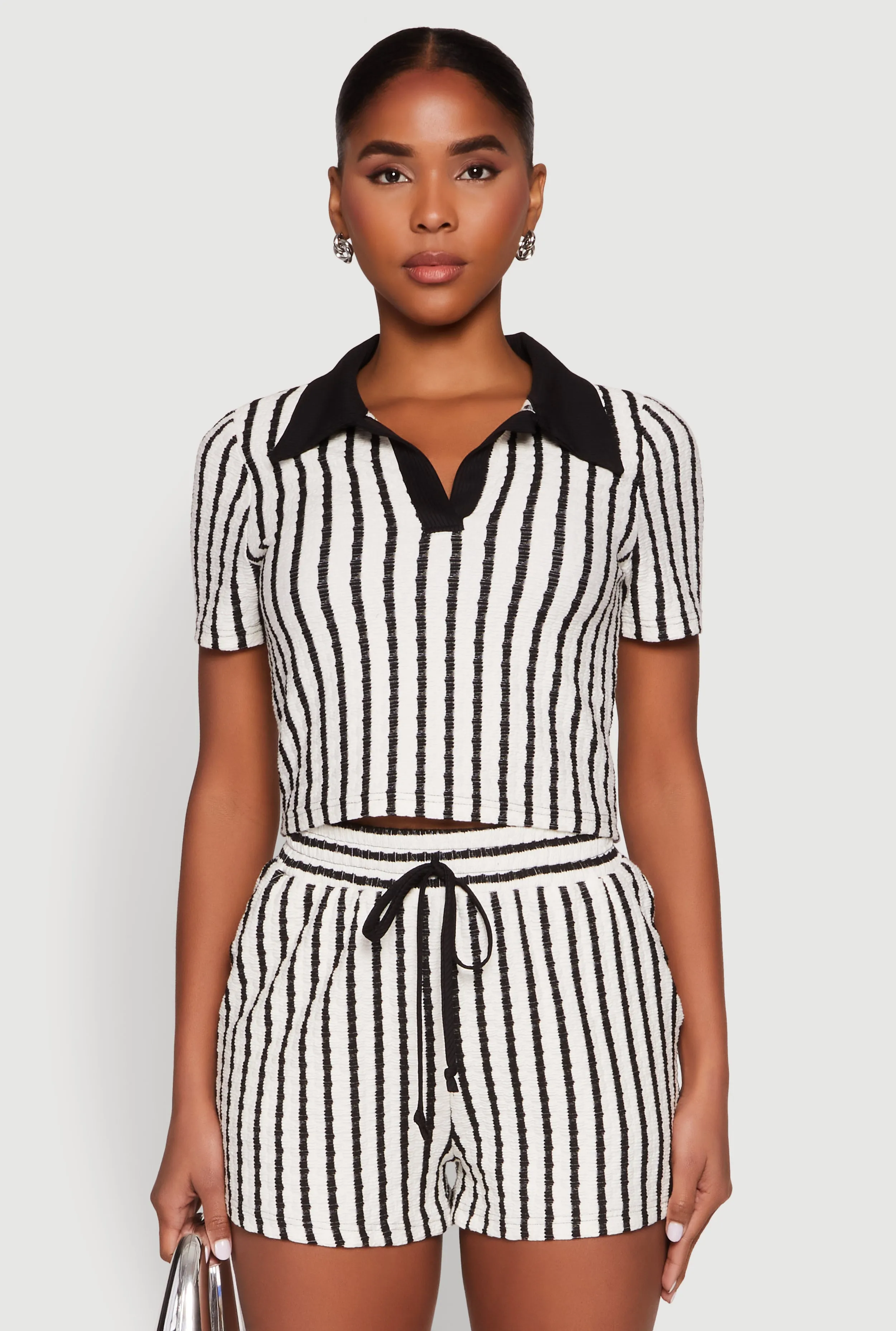 Striped Collared Crop Top sold by Rainbow