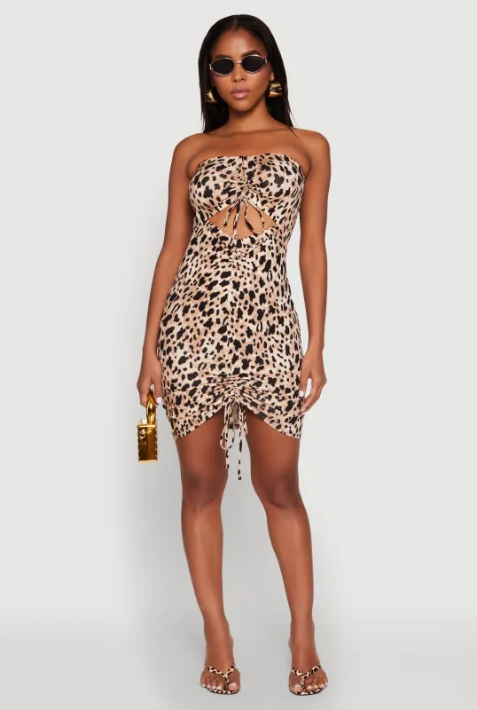 Leopard Print Ruched Cut Out Mini Dress sold by Rainbow