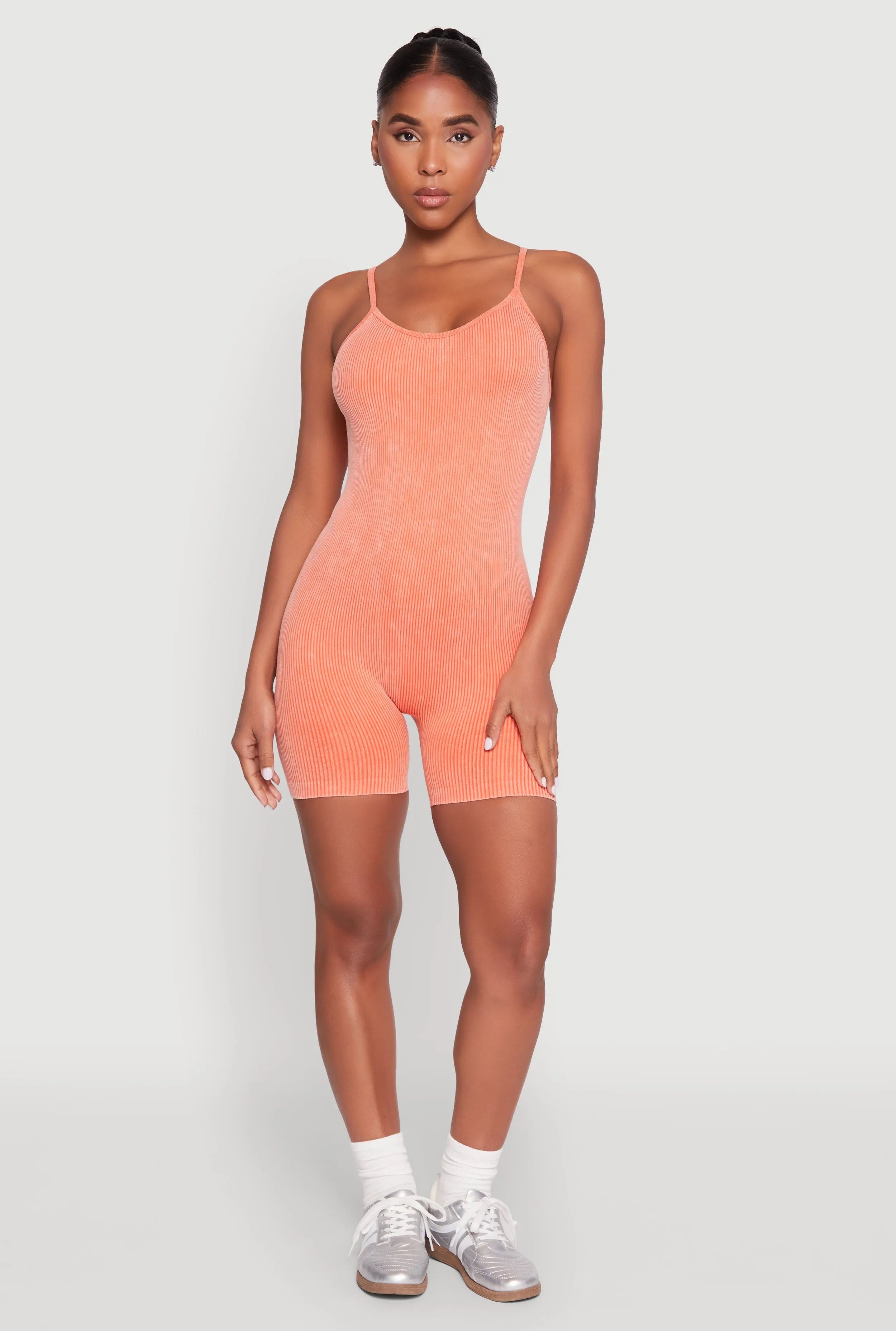 Mineral Wash Rib Knit Scoop Neck Cami Romper sold by Rainbow