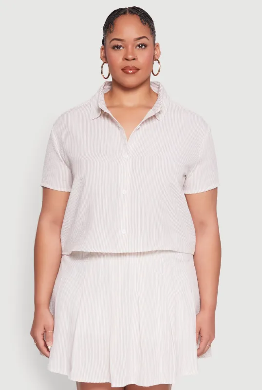 Plus Size Striped Seersucker Cropped Shirt sold by Rainbow