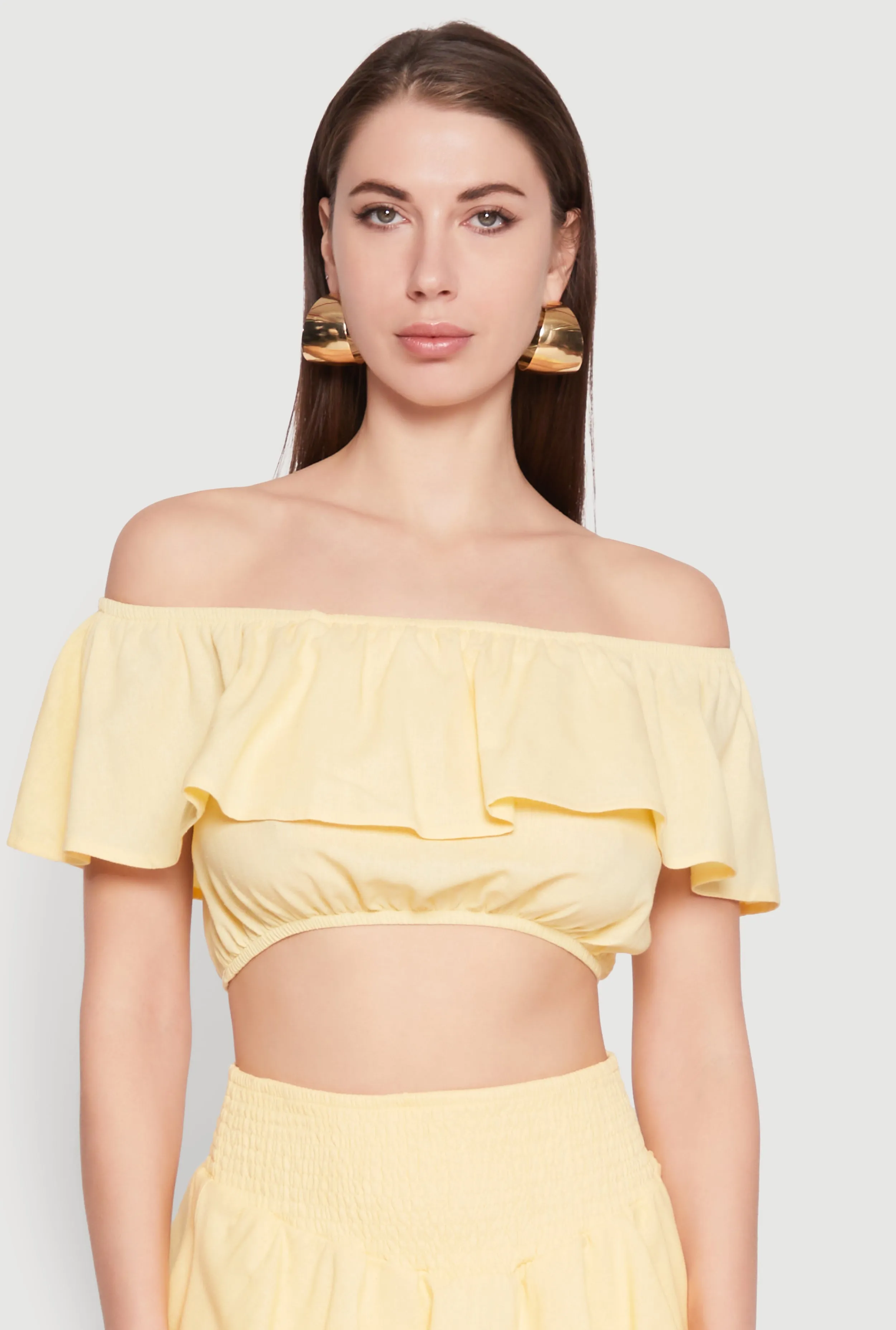 Almost Famous Ruffle Overlay Off the Shoulder Crop Top sold by Rainbow