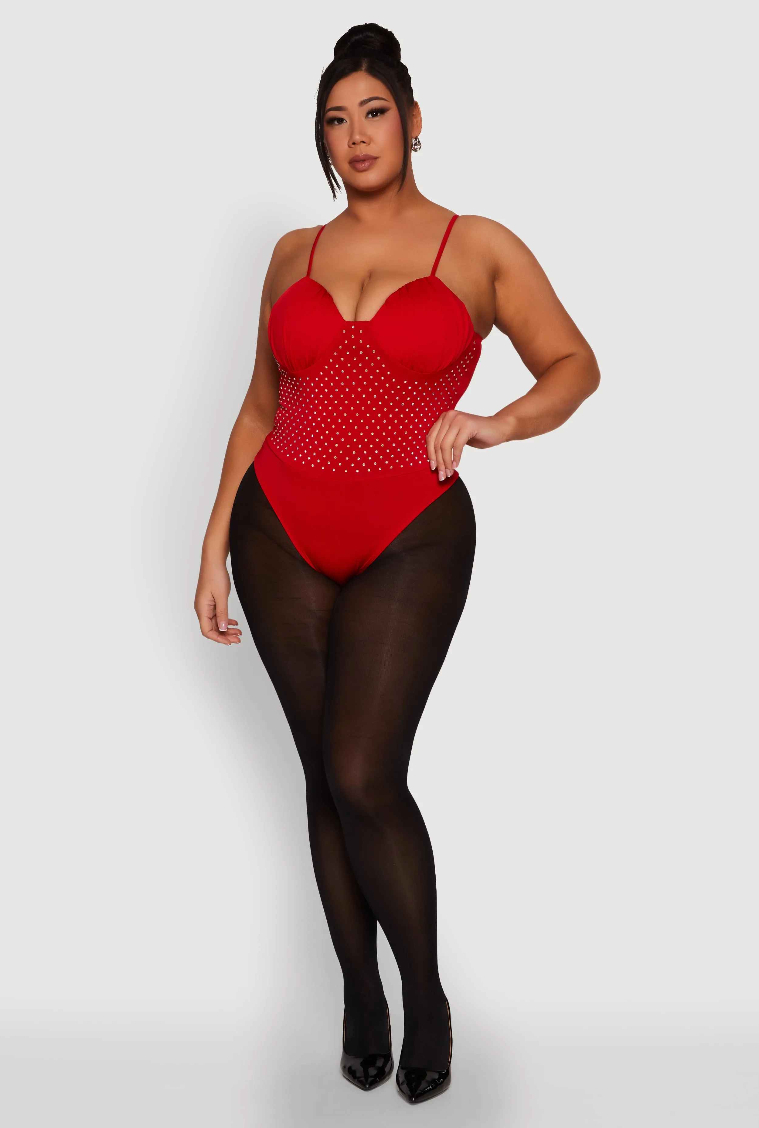 Plus Size Rhinestone Ruched Padded Bustier Bodysuit sold by Rainbow