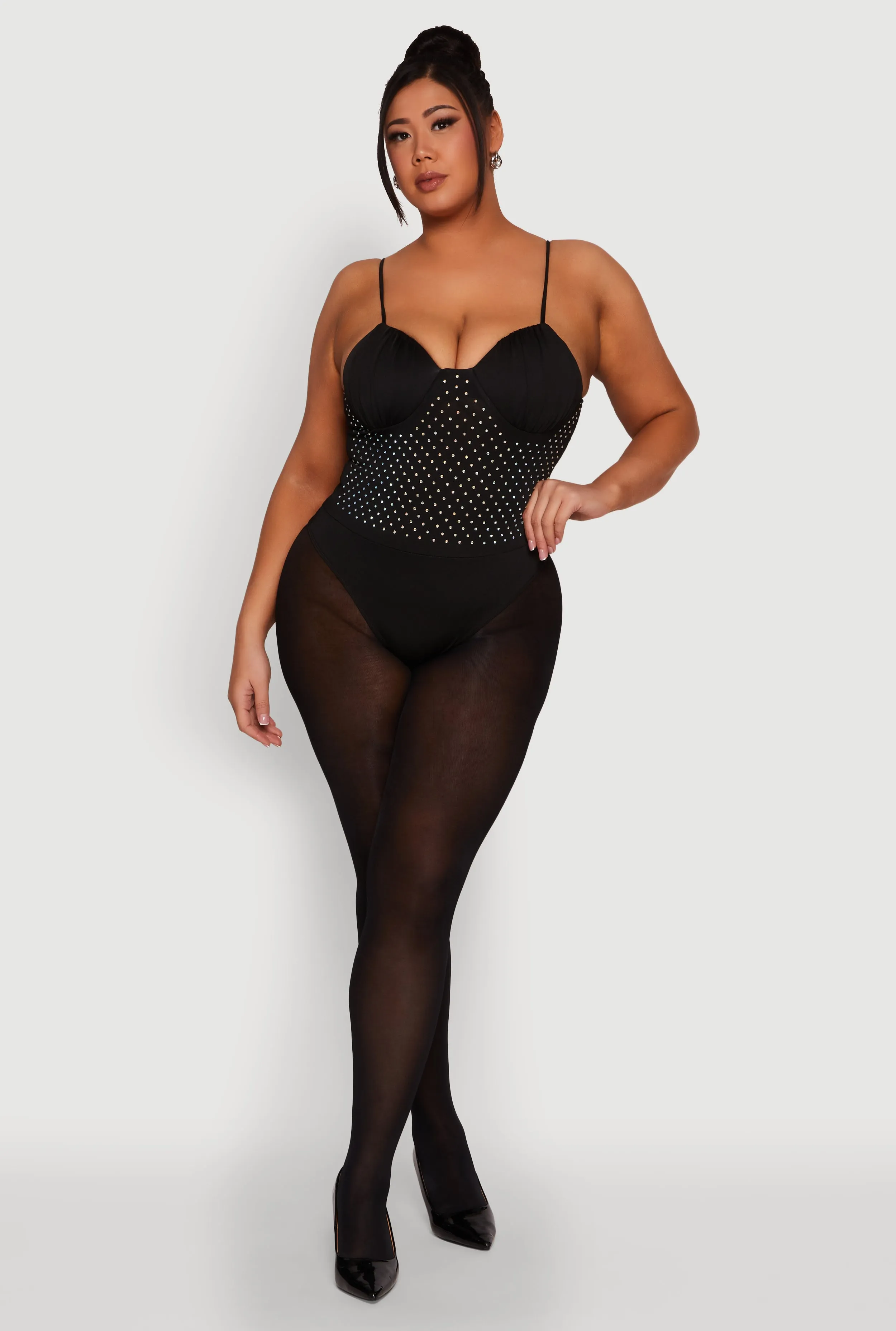 Plus Size Rhinestone Ruched Padded Bustier Bodysuit sold by Rainbow