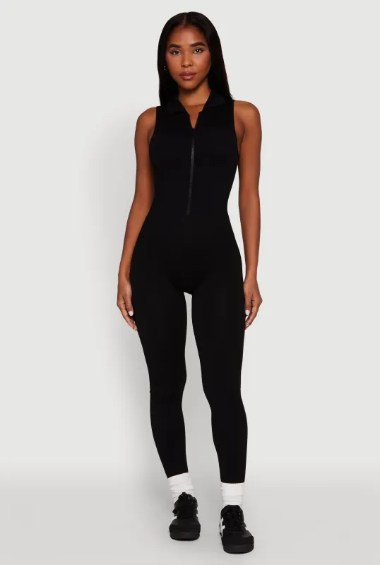 Ribbed Knit Collared Zip Front Jumpsuit sold by Rainbow