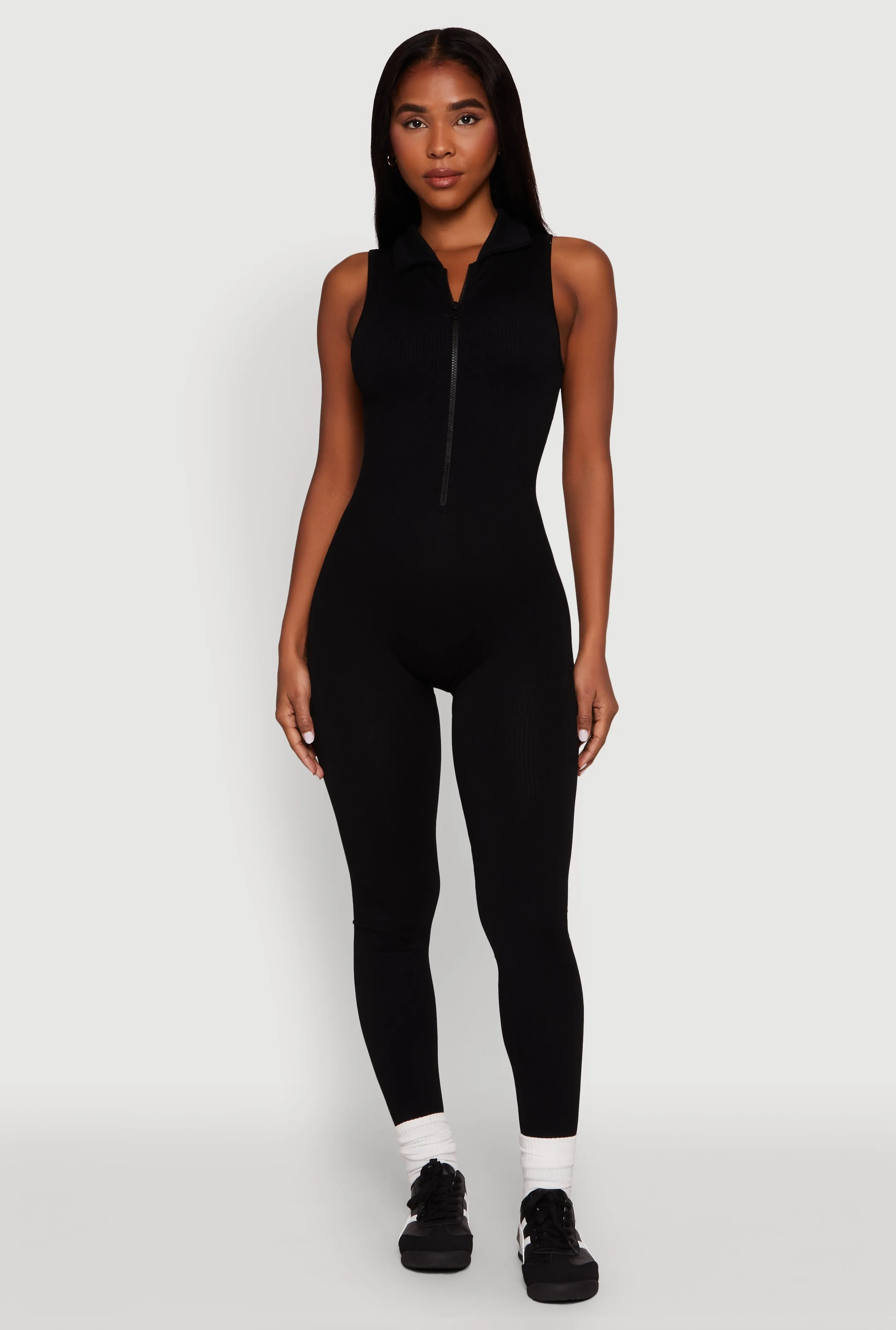 Ribbed Knit Collared Zip Front Jumpsuit sold by Rainbow