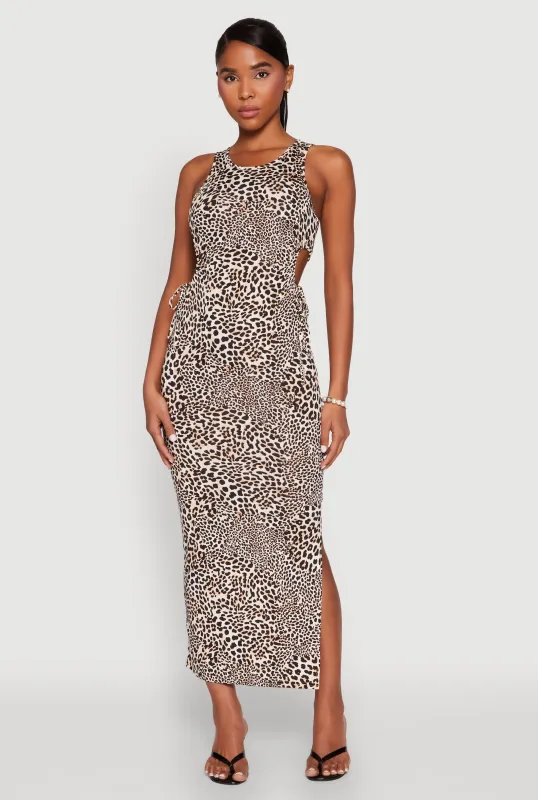 Drawstring Side Cut Out Leopard Print Maxi Dress sold by Rainbow