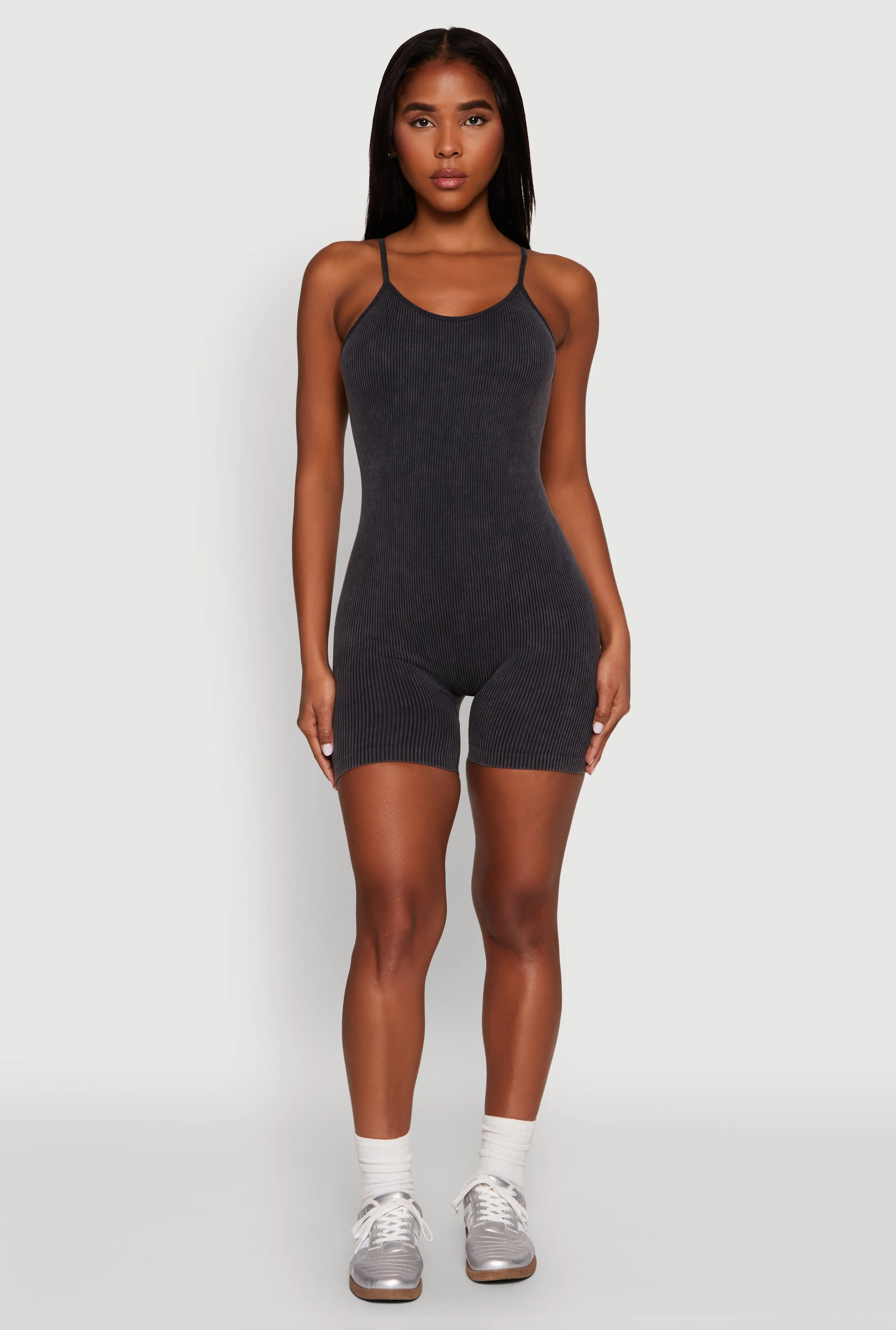 Mineral Wash Rib Knit Scoop Neck Cami Romper sold by Rainbow