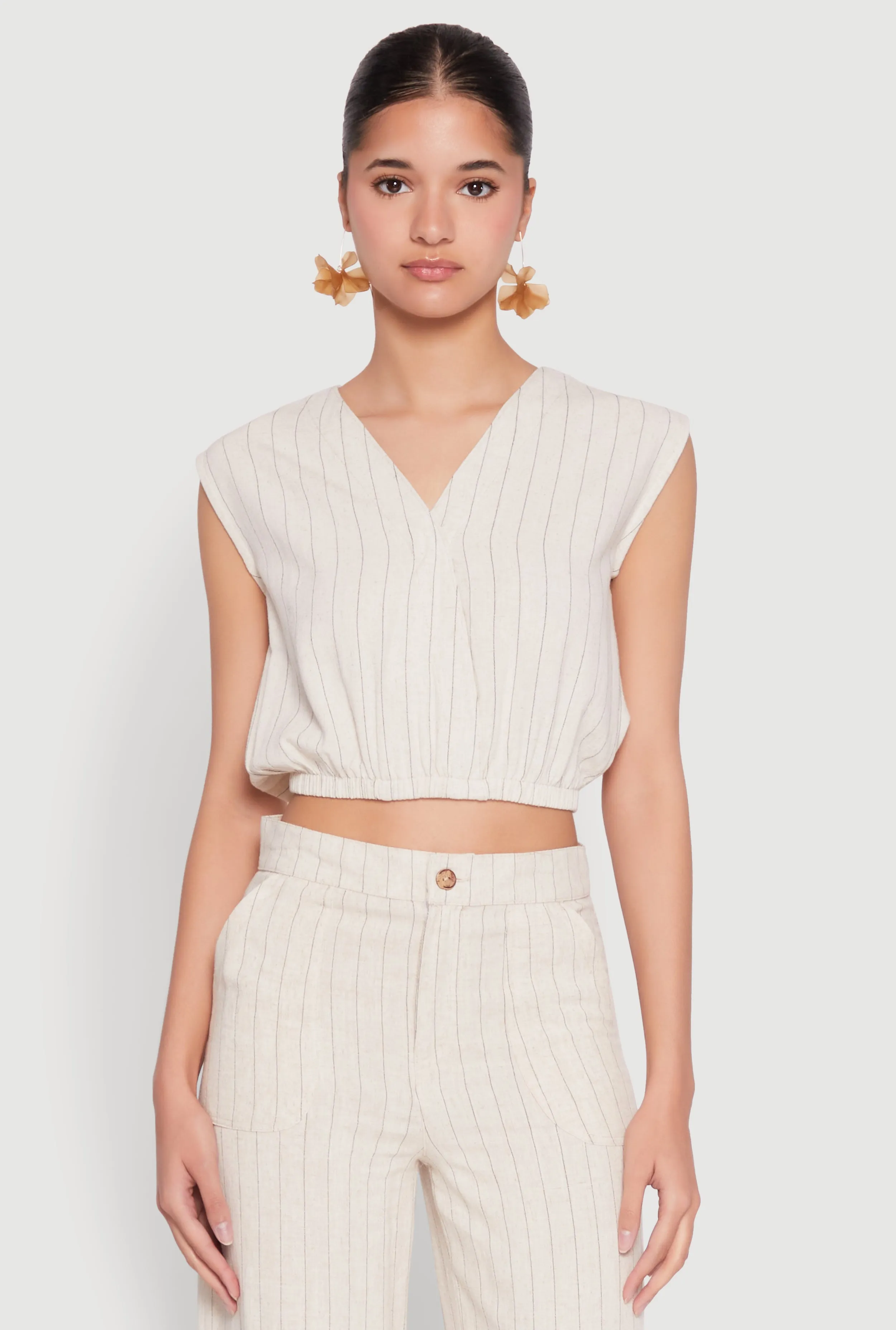 Cap Sleeve Faux Wrap Crop Top sold by Rainbow