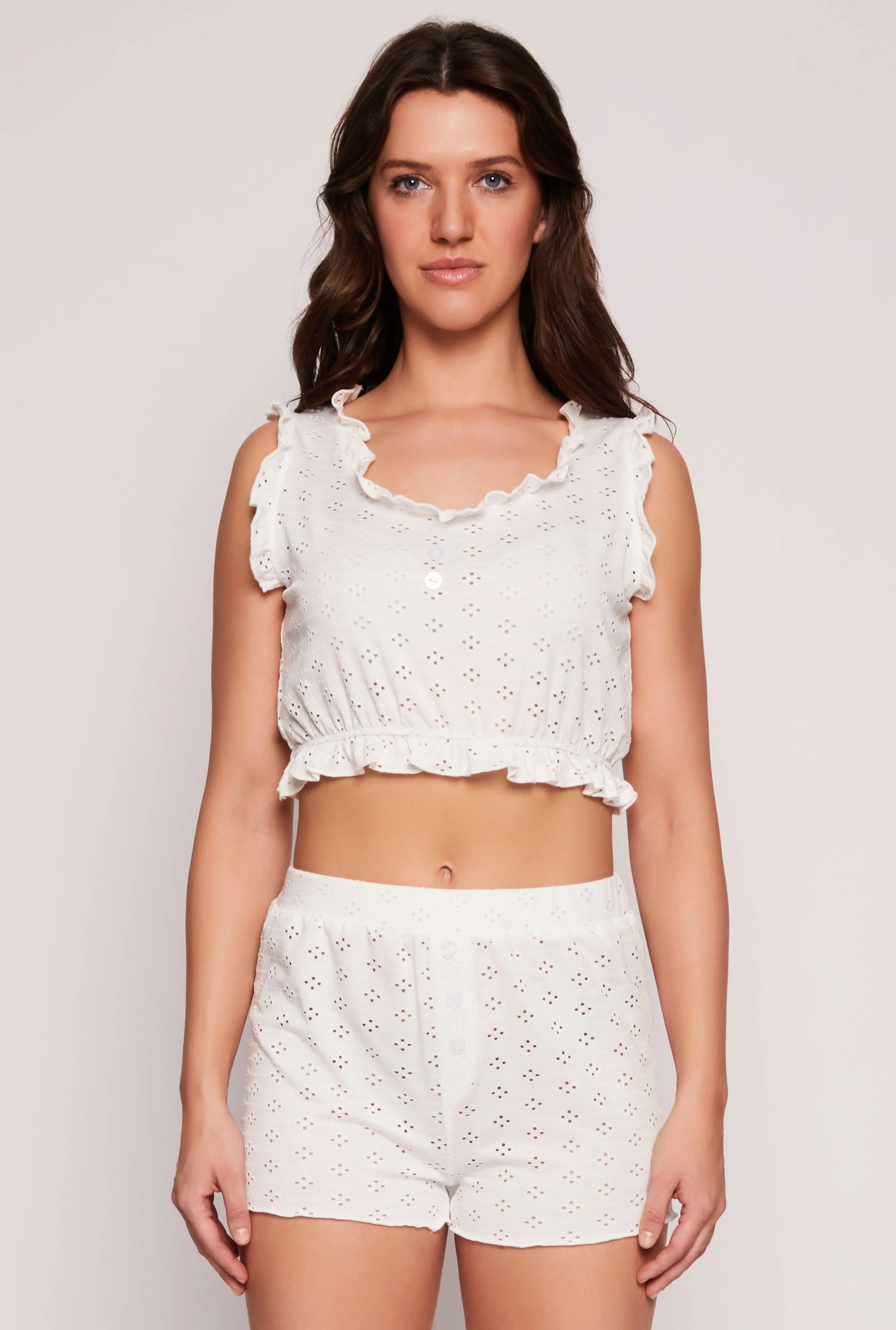 Eyelet Ruffled Pajama Crop Top and Shorts sold by Rainbow