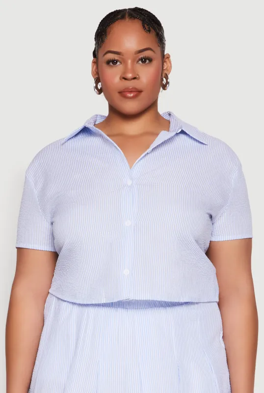Plus Size Striped Seersucker Cropped Shirt sold by Rainbow