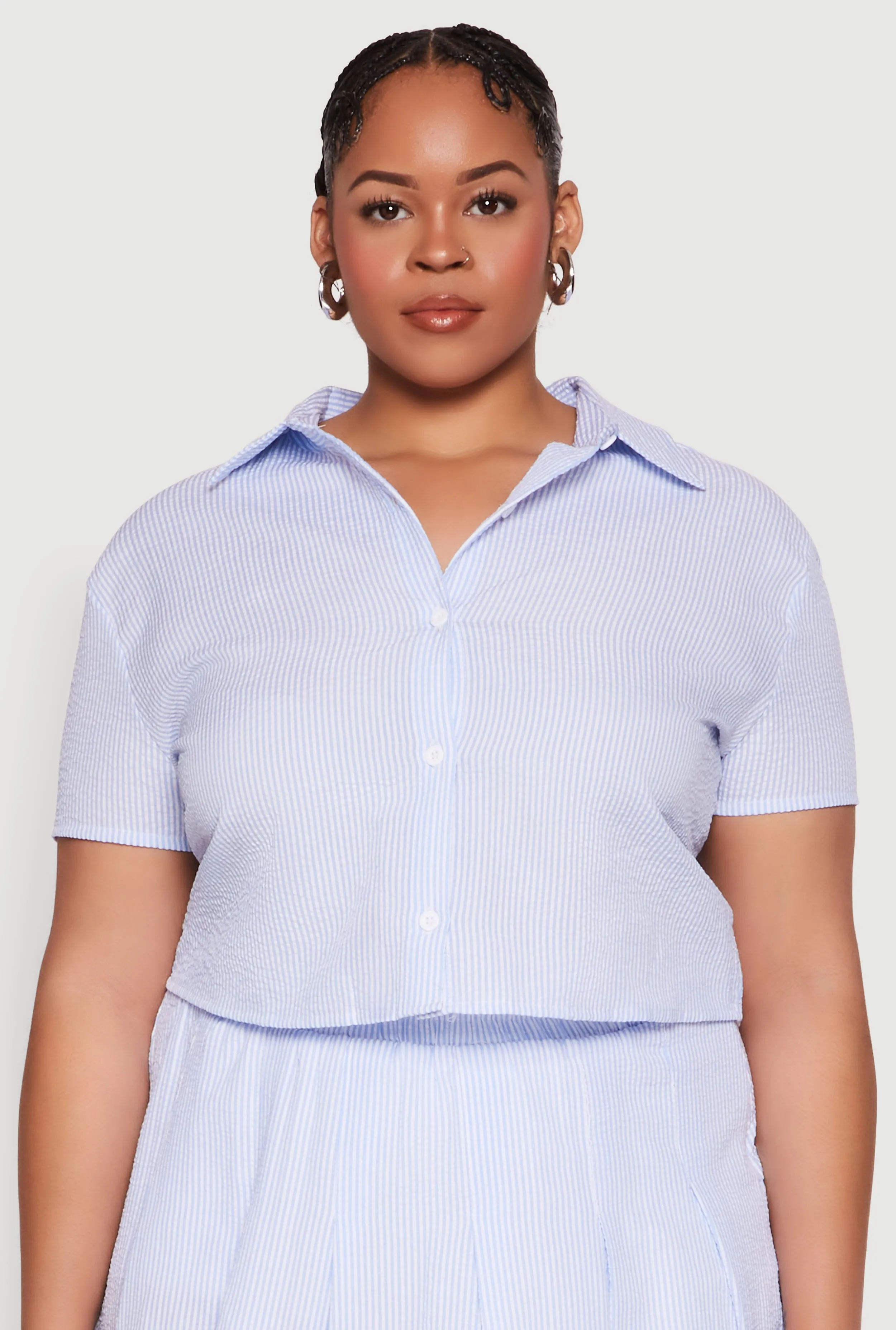 Plus Size Striped Seersucker Cropped Shirt sold by Rainbow