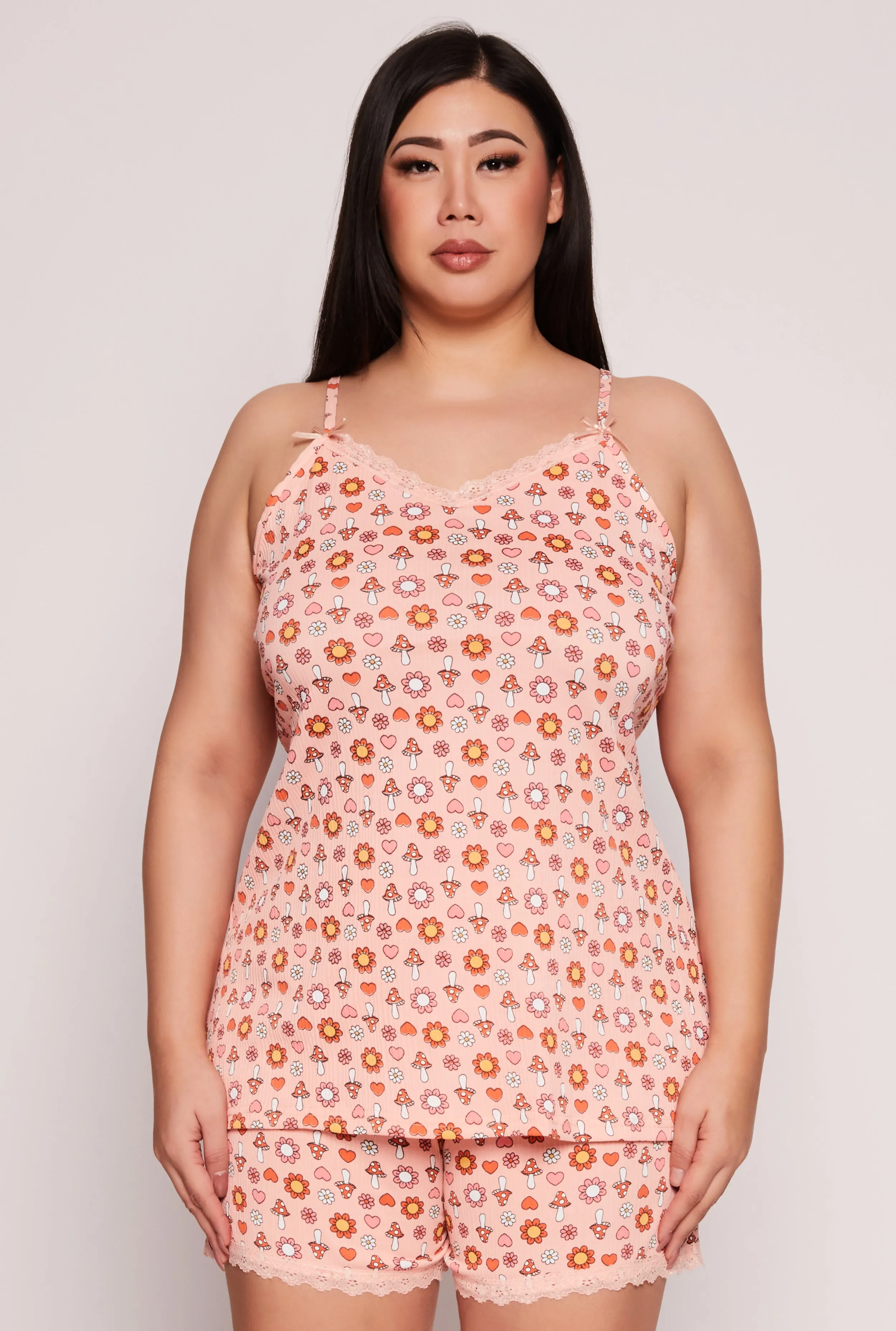 Plus Size Ditsy Floral Mushroom Print Pajama Cami and Shorts sold by Rainbow