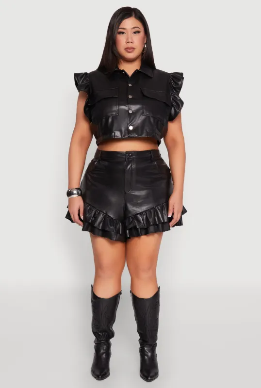 Plus Size Faux Leather Ruffle Trim Shorts sold by Rainbow