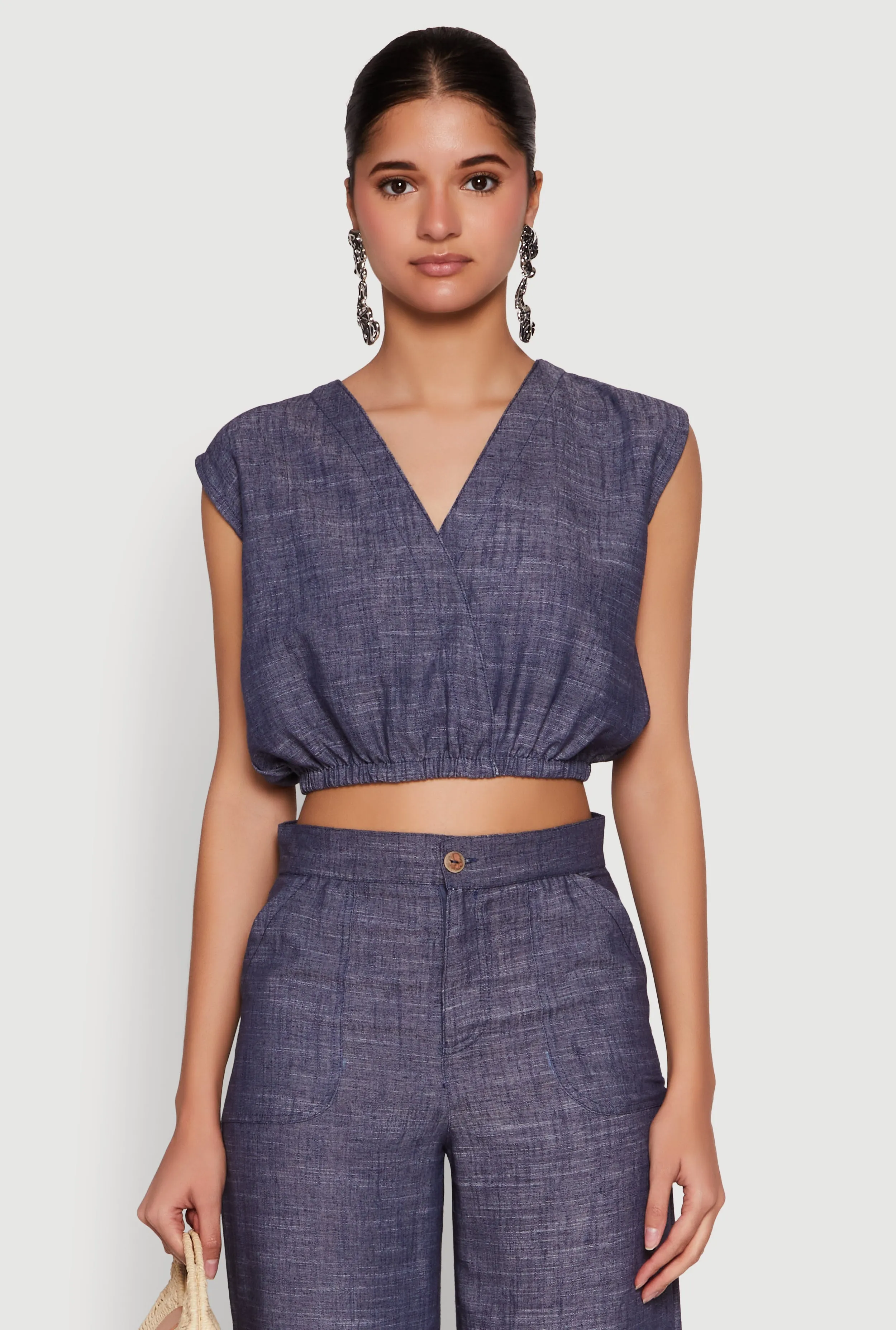 Cap Sleeve Faux Wrap Crop Top sold by Rainbow