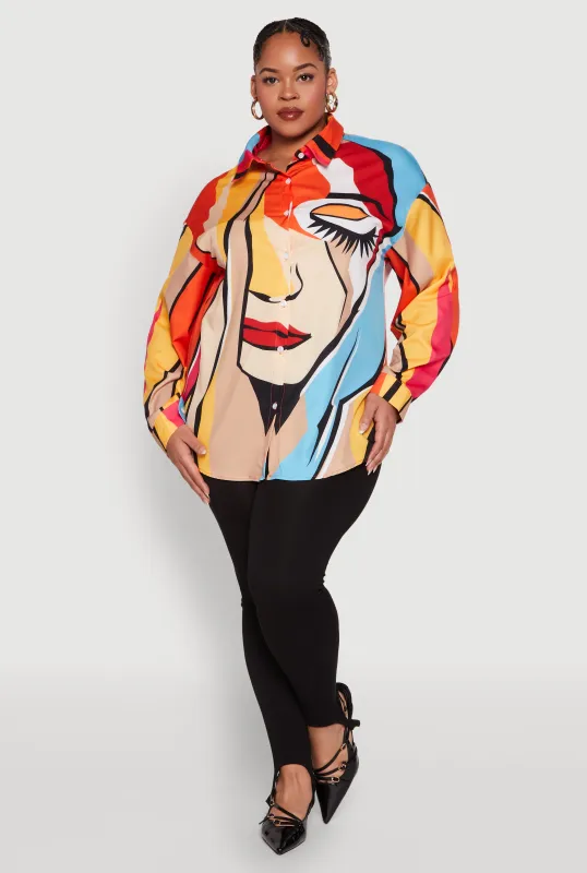 Plus Size Abstract Face Print Blouse sold by Rainbow