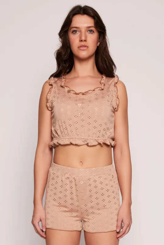 Eyelet Ruffled Pajama Crop Top and Shorts sold by Rainbow