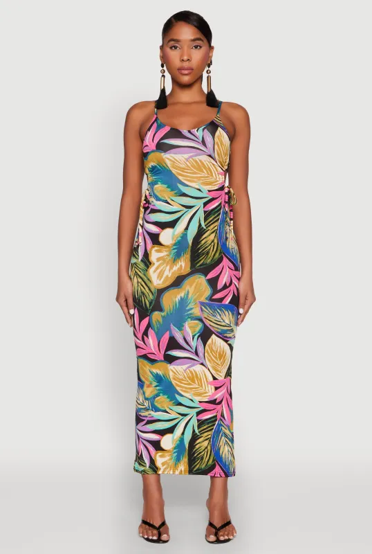 Drawstring Side Cut Out Leaf Print Maxi Dress sold by Rainbow