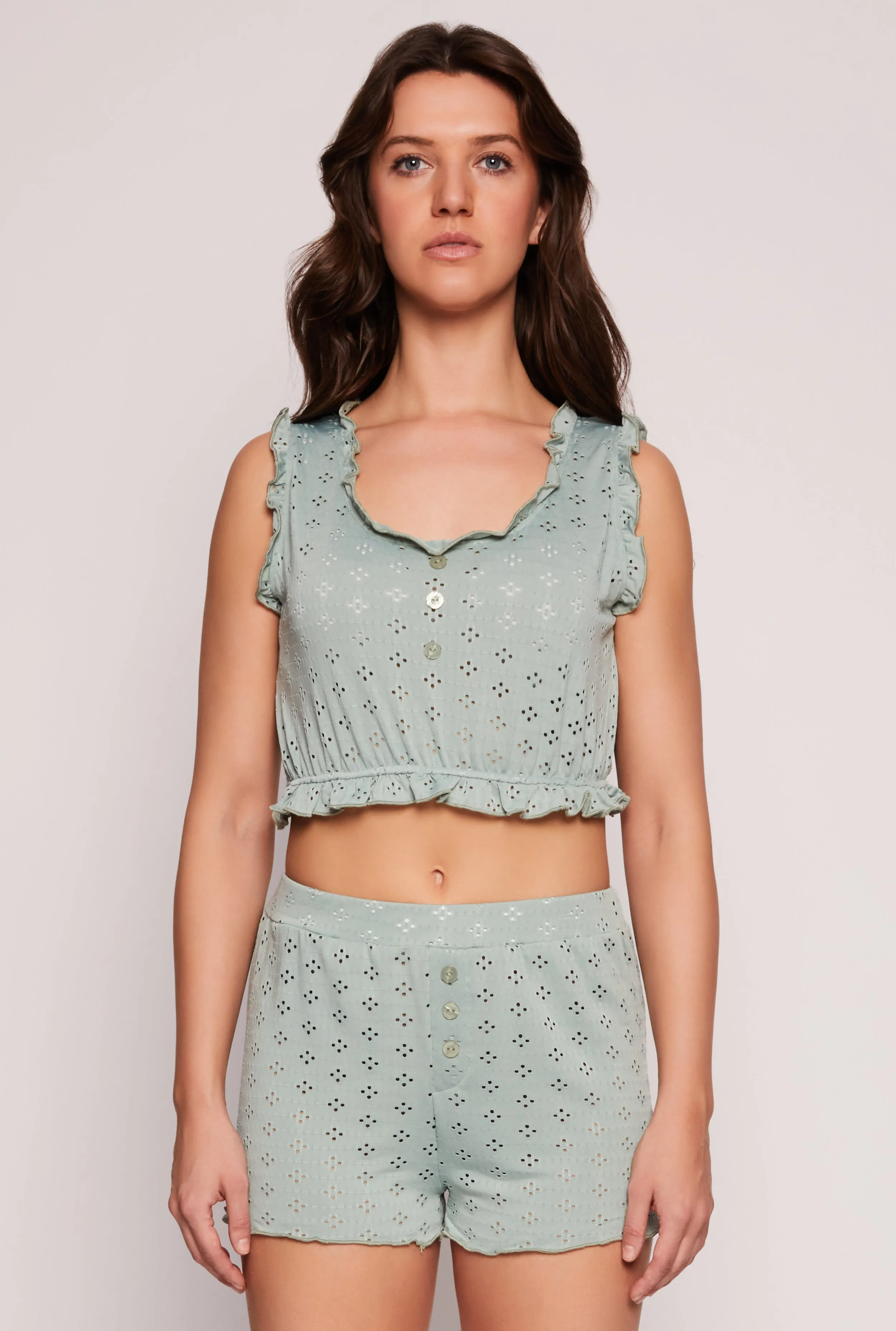 Eyelet Ruffled Pajama Crop Top and Shorts sold by Rainbow