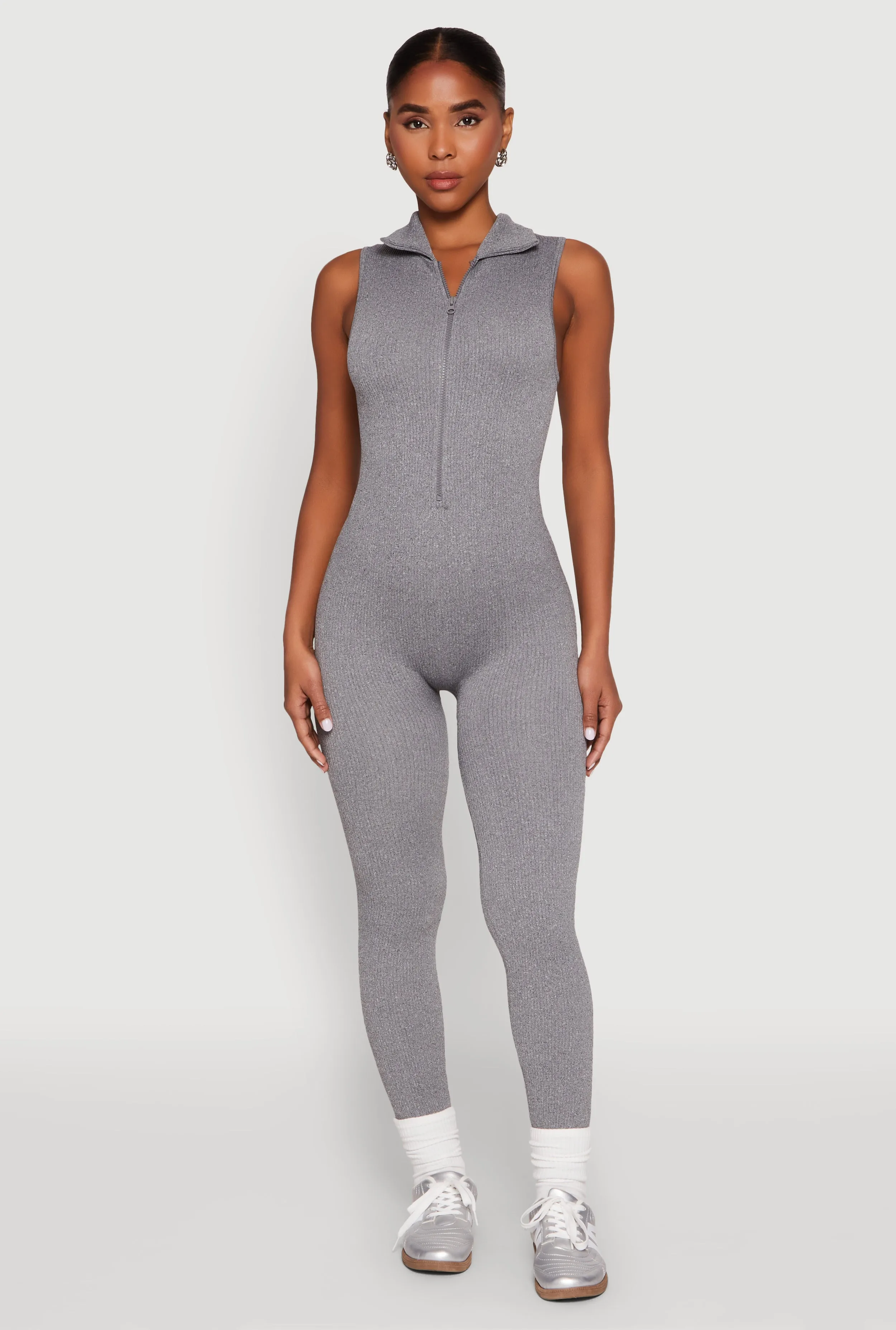 Ribbed Knit Collared Zip Front Jumpsuit sold by Rainbow