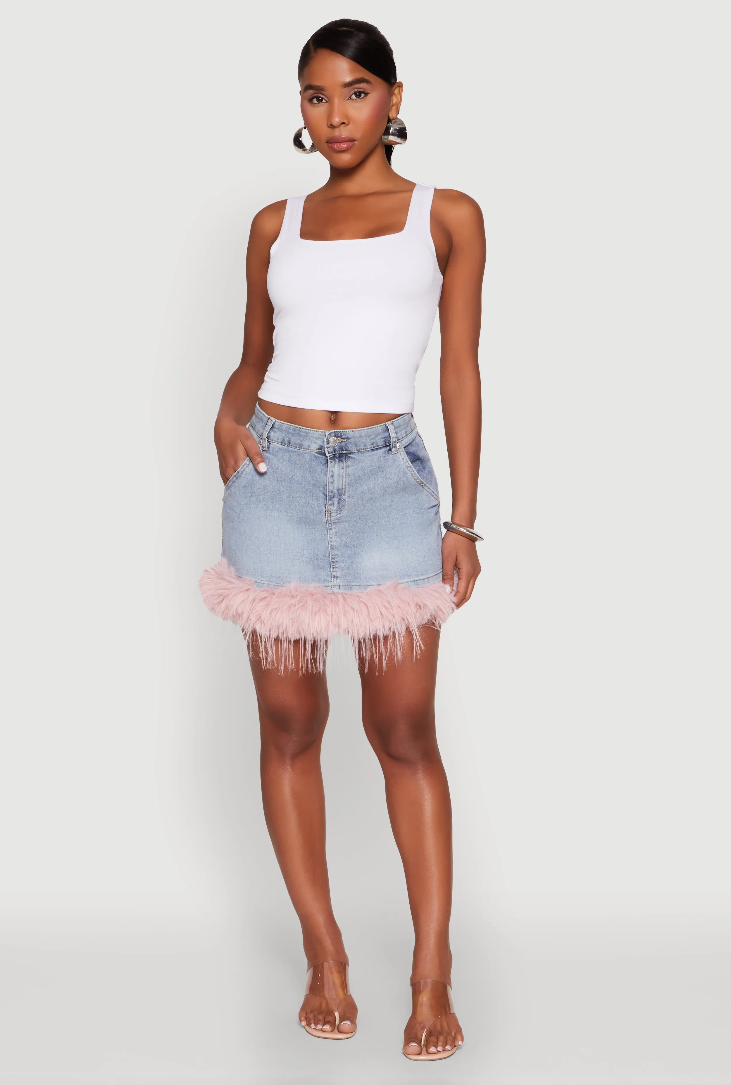 Almost Famous Faux Fur Trim Denim Mini Skirt sold by Rainbow
