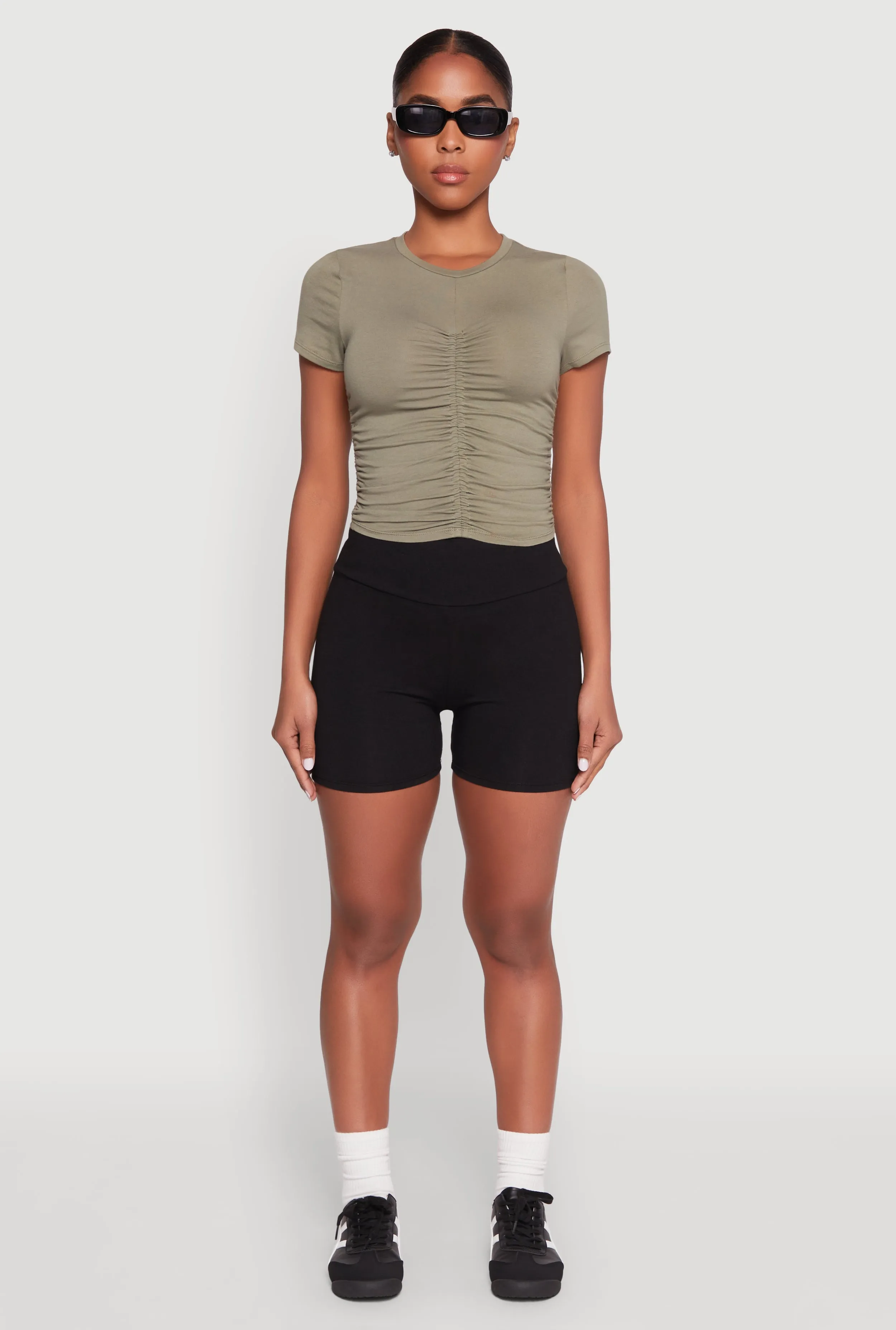 Ruched Crew Neck Cropped Tee sold by Rainbow